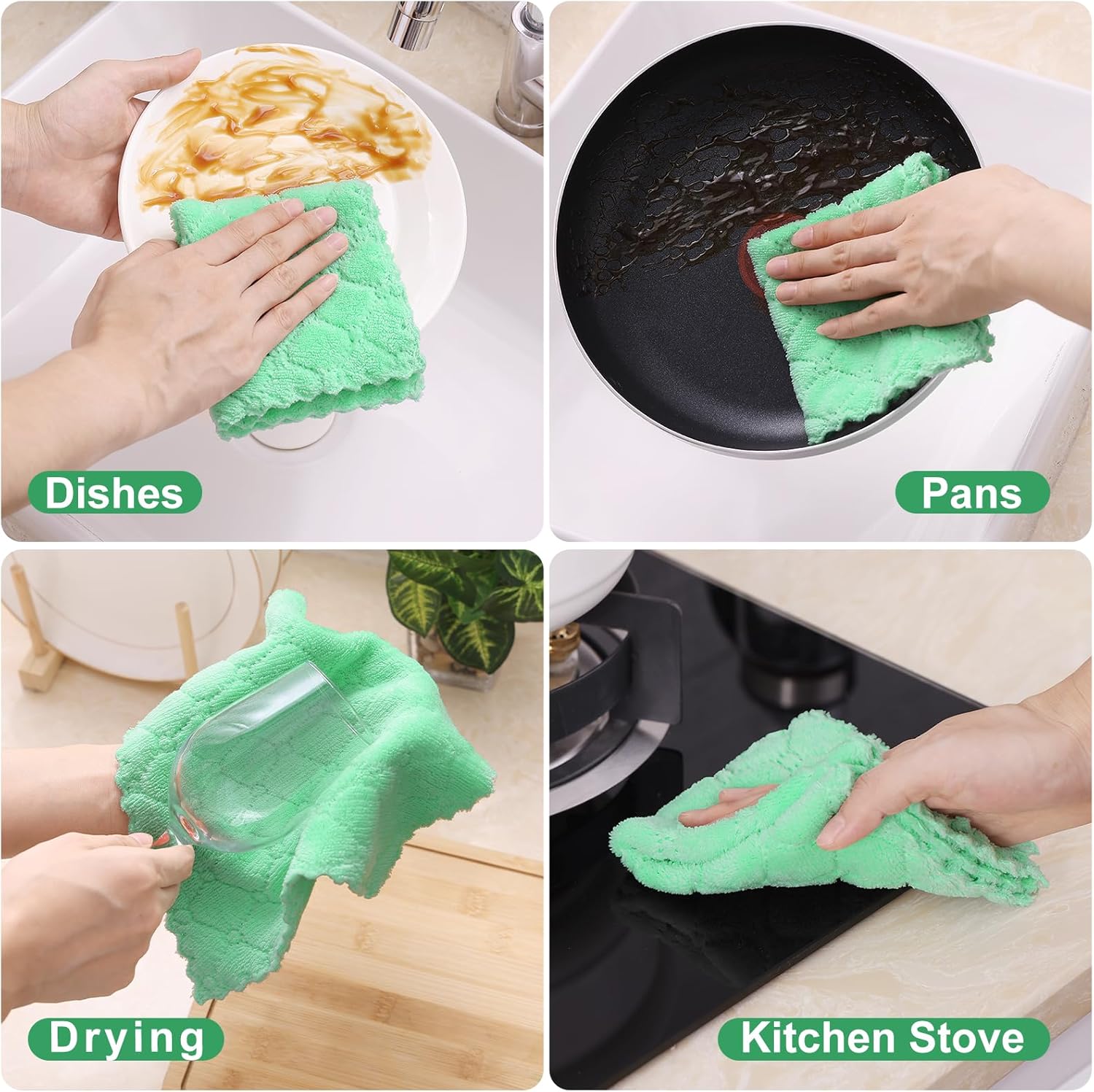 Homaxy Paquete de 12 paños de cocina (10 x 10 pulgadas, verde), paños de cocina de terciopelo coral súper suaves y absorbentes, paños de limpieza de