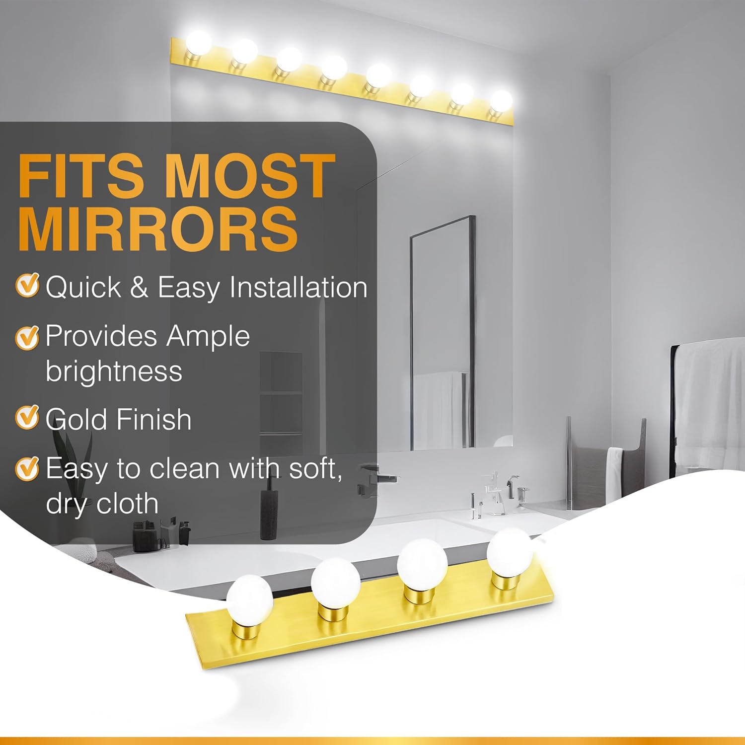 DYSMIO Tira de tocador de cuatro luces  Accesorio de espejo estilo Hollywood con placas doradas de latón  Accesorios de calidad de salón para