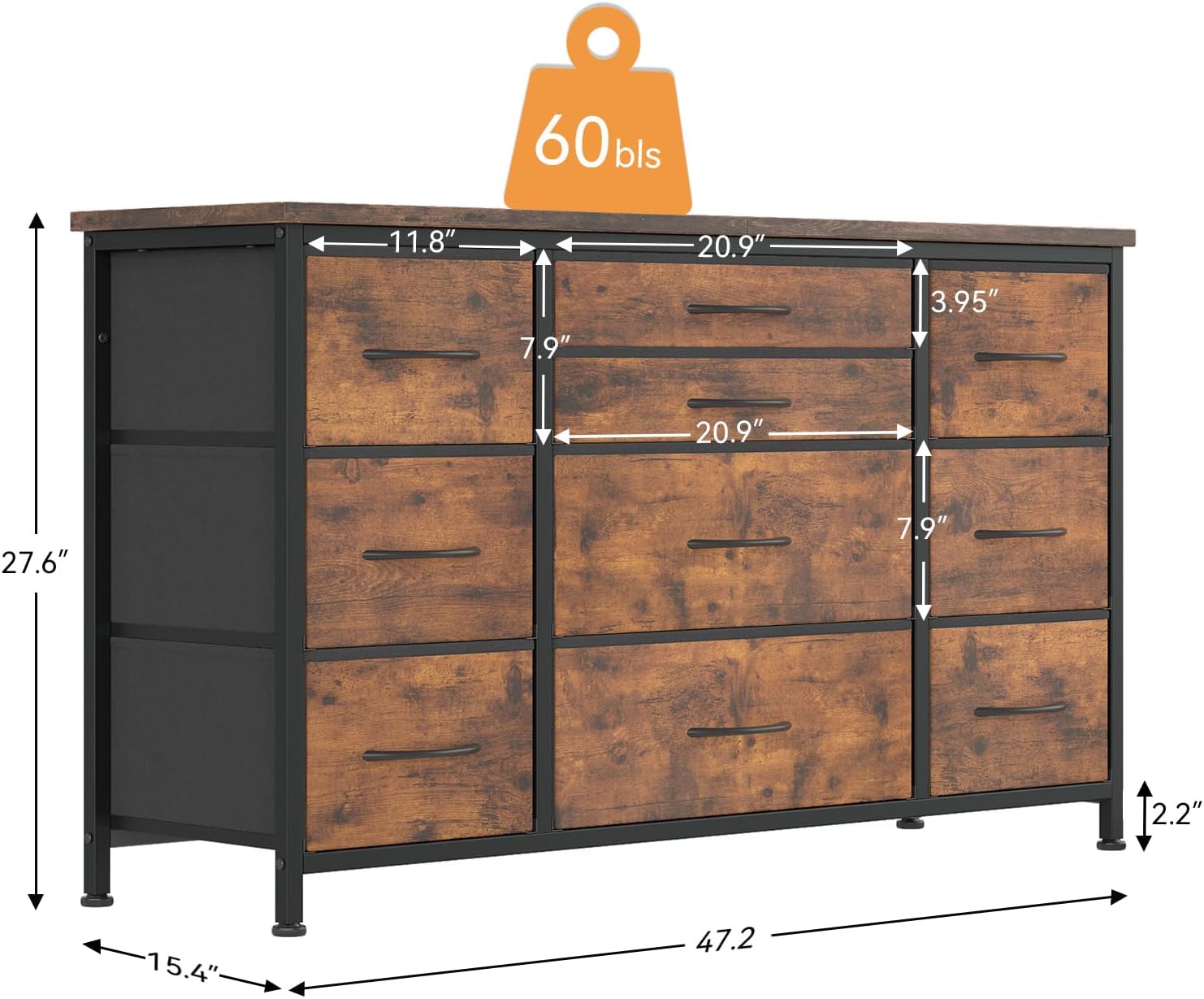 GAOMON Cómoda de dormitorio con 10 cajones grandes para soporte de TV de 55 pulgadas de largo con toma de corriente, centro de entretenimiento, sala