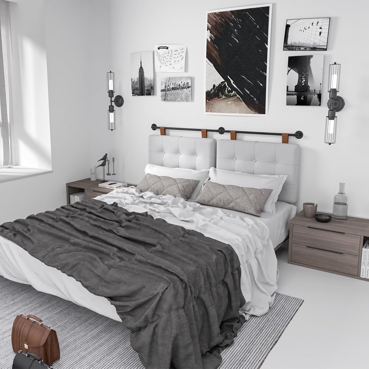 Cabecera Queen para cama con tapicería de lino y cabecera tapizada con botones, puerto de carga USB, altura ajustable, cabecera colgante para