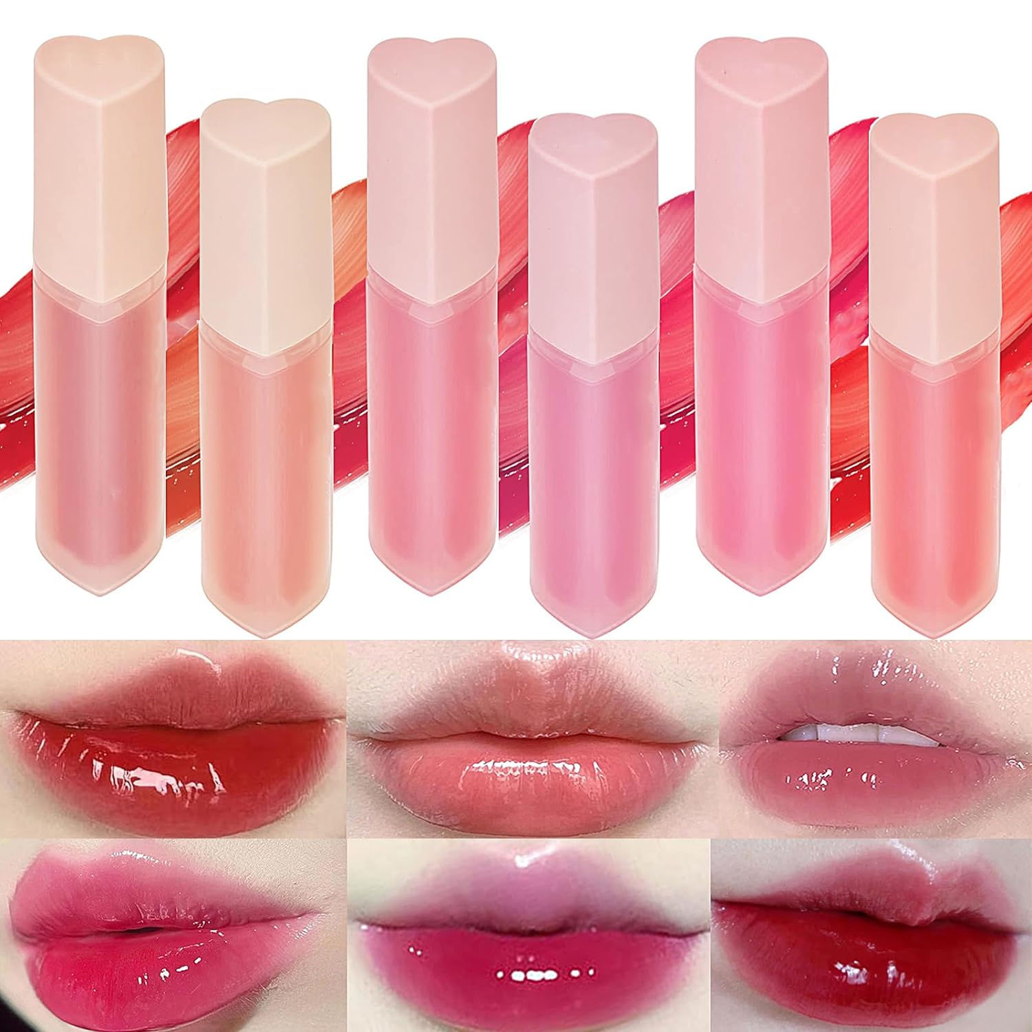 Juego de 6 brillos de labios rosa corazón, color vivo, acabado jugoso y brillante, tinte hidratante de larga duración altamente pigmentado,