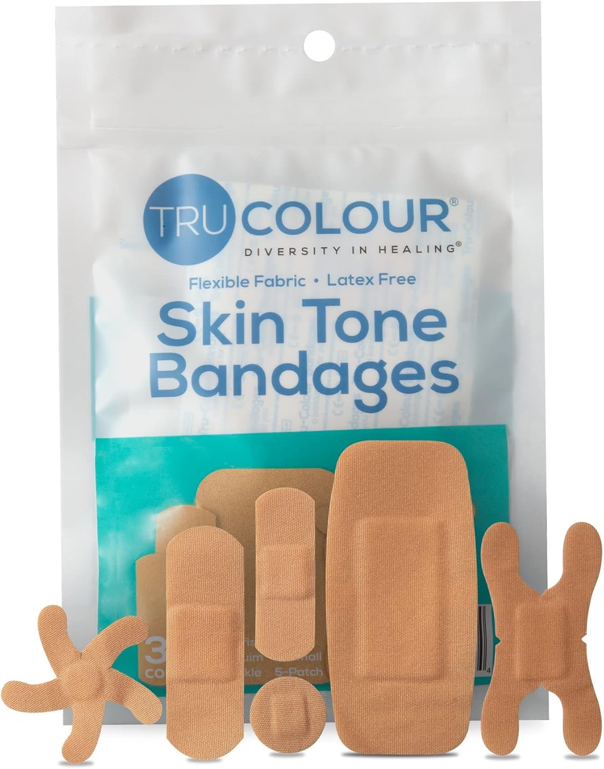 Tru Colour – Vendajes surtidos, vendajes adhesivos de tela flexible, tono de piel beige, bolsa aguamarina, 30 unidades