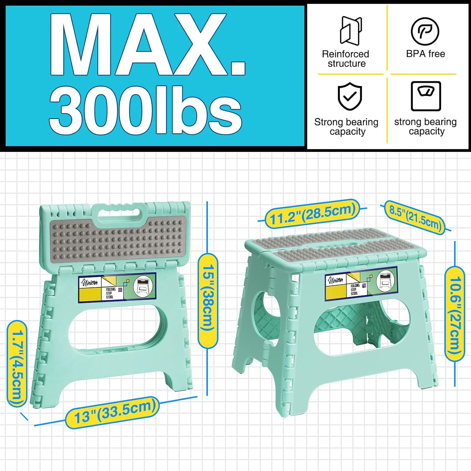 Uinicor Taburete plegable de 11 pulgadas para adultos y niños con capacidad para hasta 300 libras, taburetes plegables antideslizantes con mango