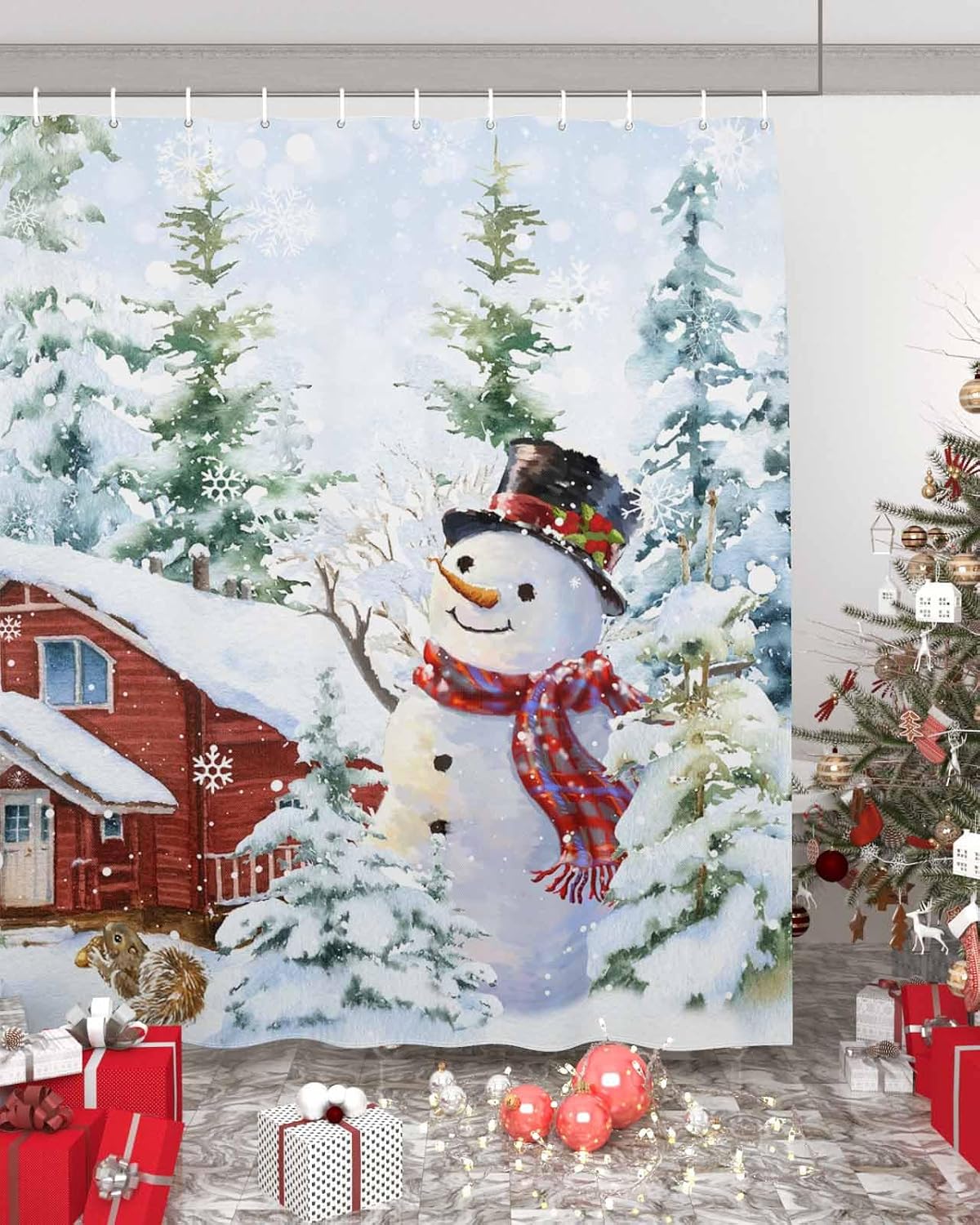 Winter Christmas Shower Curtain, Country Snowman Squirrel Waterproof Washable Boho Funny Cute Shower Curtains Set for Bathroom Farmhouse Bathtubs
