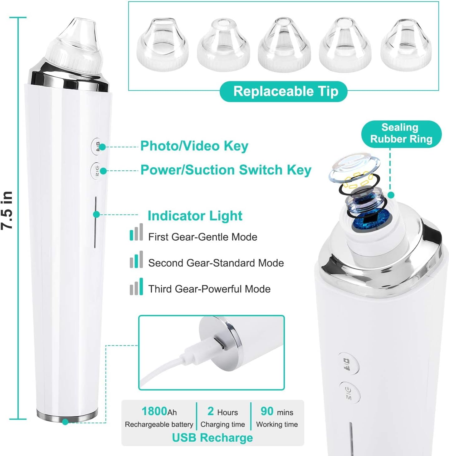 Aspiradora eliminadora de puntos negros, limpiador eléctrico de poros facial 2021, herramienta extractor de acné recargable por USB, kit de