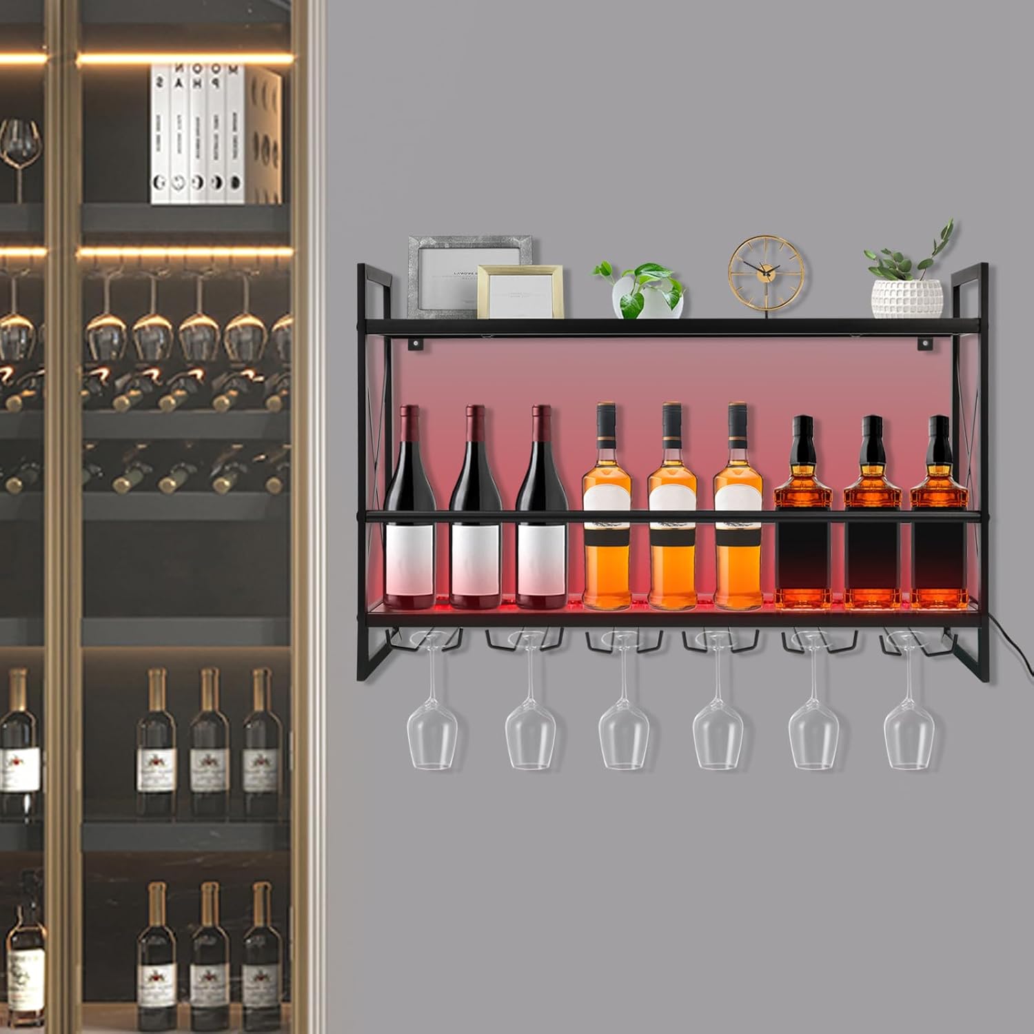 KONGKUNI Estante industrial de pared para vino de 2 niveles, estante de vino de 31.5 pulgadas con luz LED, soporte rústico para botellas de vidrio,