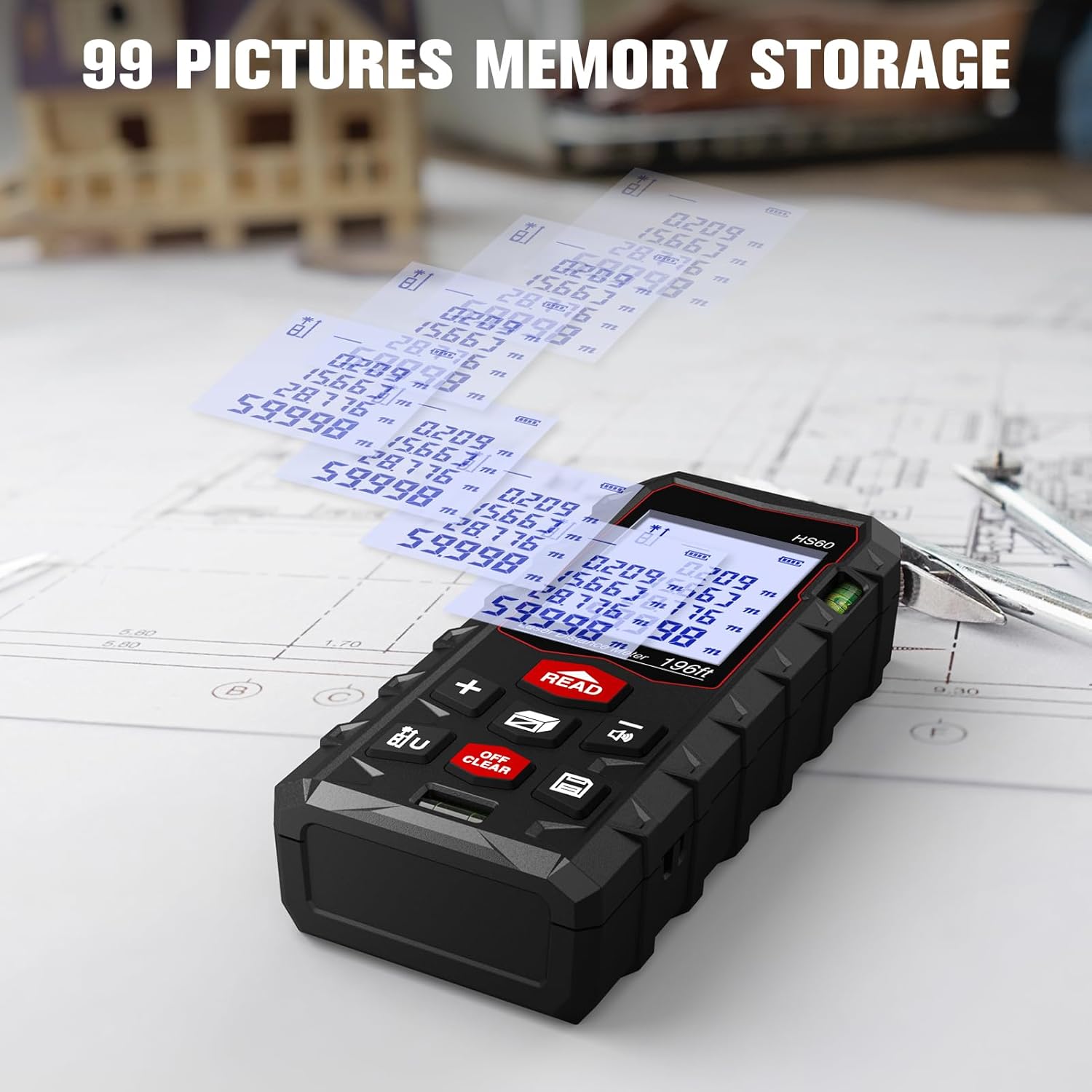 Laser Measure 196ft, Charcity Laser Distance Meter 60M(MinF) with 2 Bubble Levels, Mute Function IP54 Waterproof Large LCD Backlit, for Pythagorean