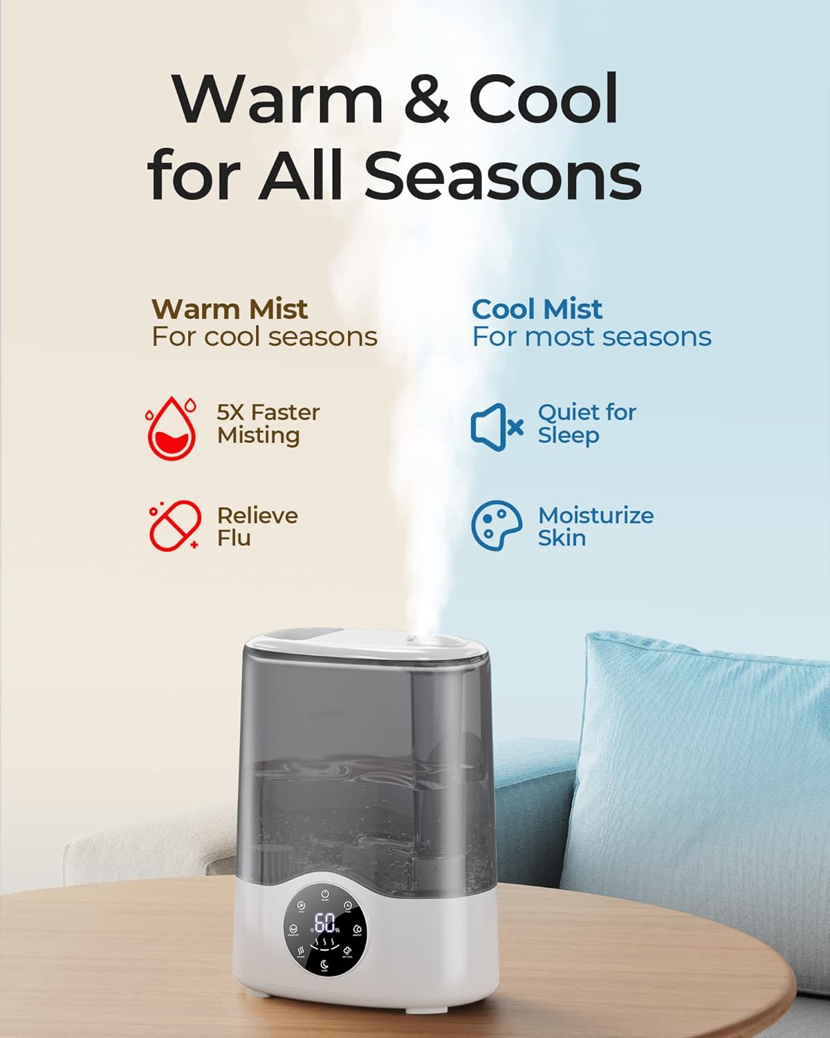 Homvana Humidificador inteligente para dormitorio, habitación grande, hogar, 7L cálido y fresco, niebla automática de 360, ajuste automático de