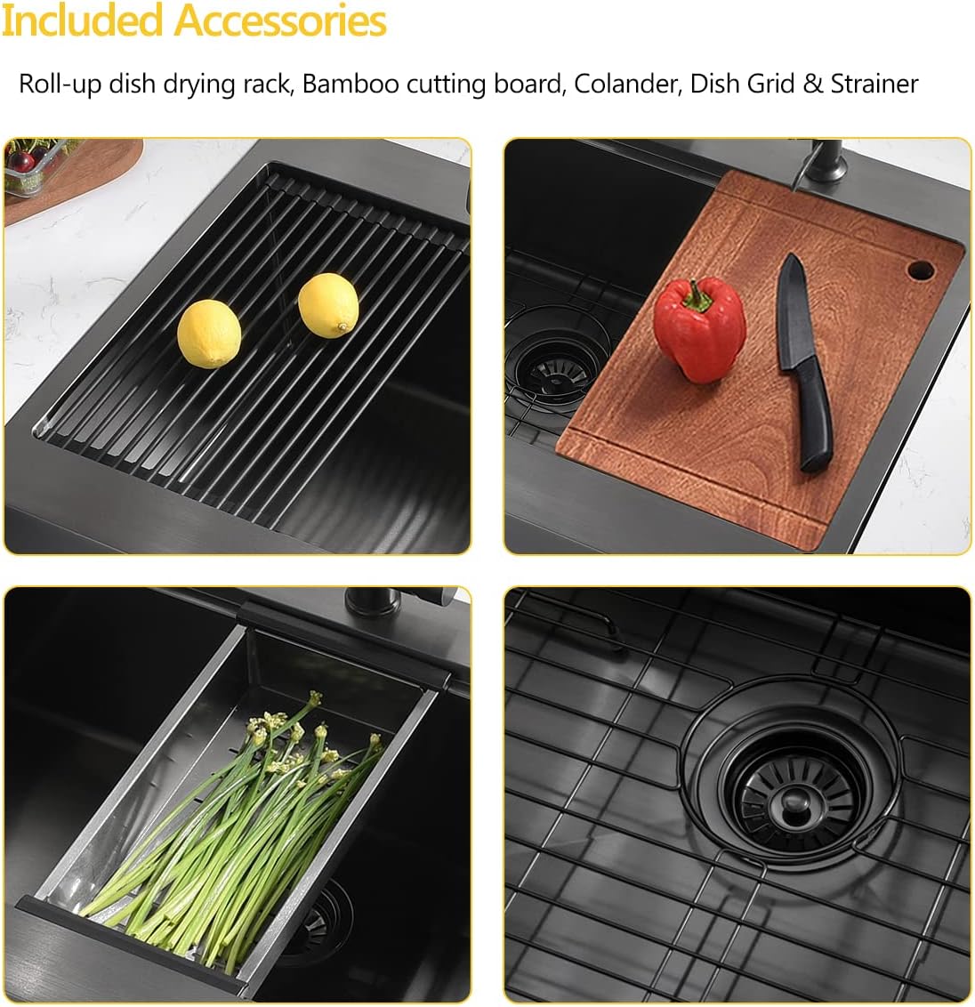 Luckyhorse LH009S – Fregadero de cocina con delantal negro de 30 pulgadas, calibre 16, acero inoxidable mate profundo, montaje superior, estación de
