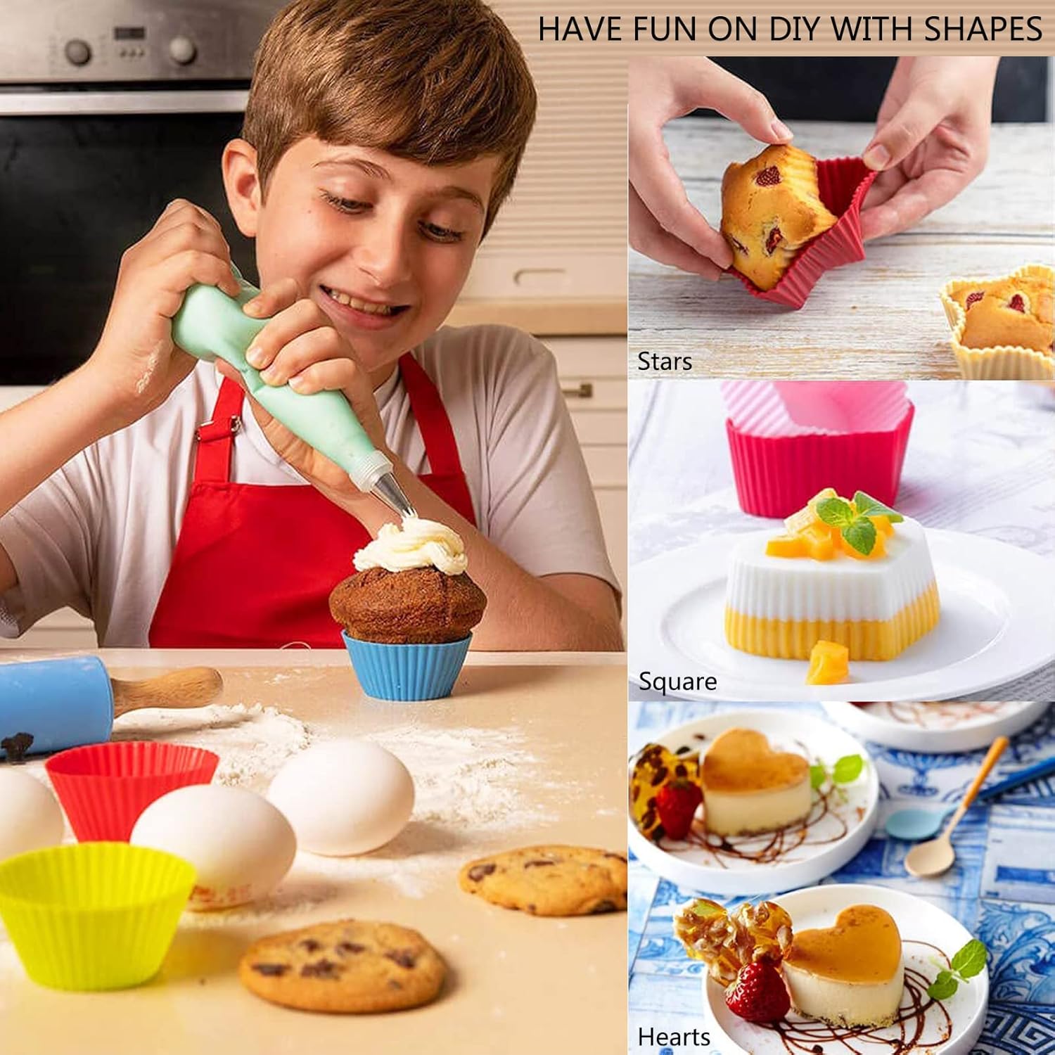 DERGUAM – 50 forros de silicona para magdalenas, moldes reutilizables antiadherentes fáciles de limpiar para cupcakes, redondos, cuadrados,