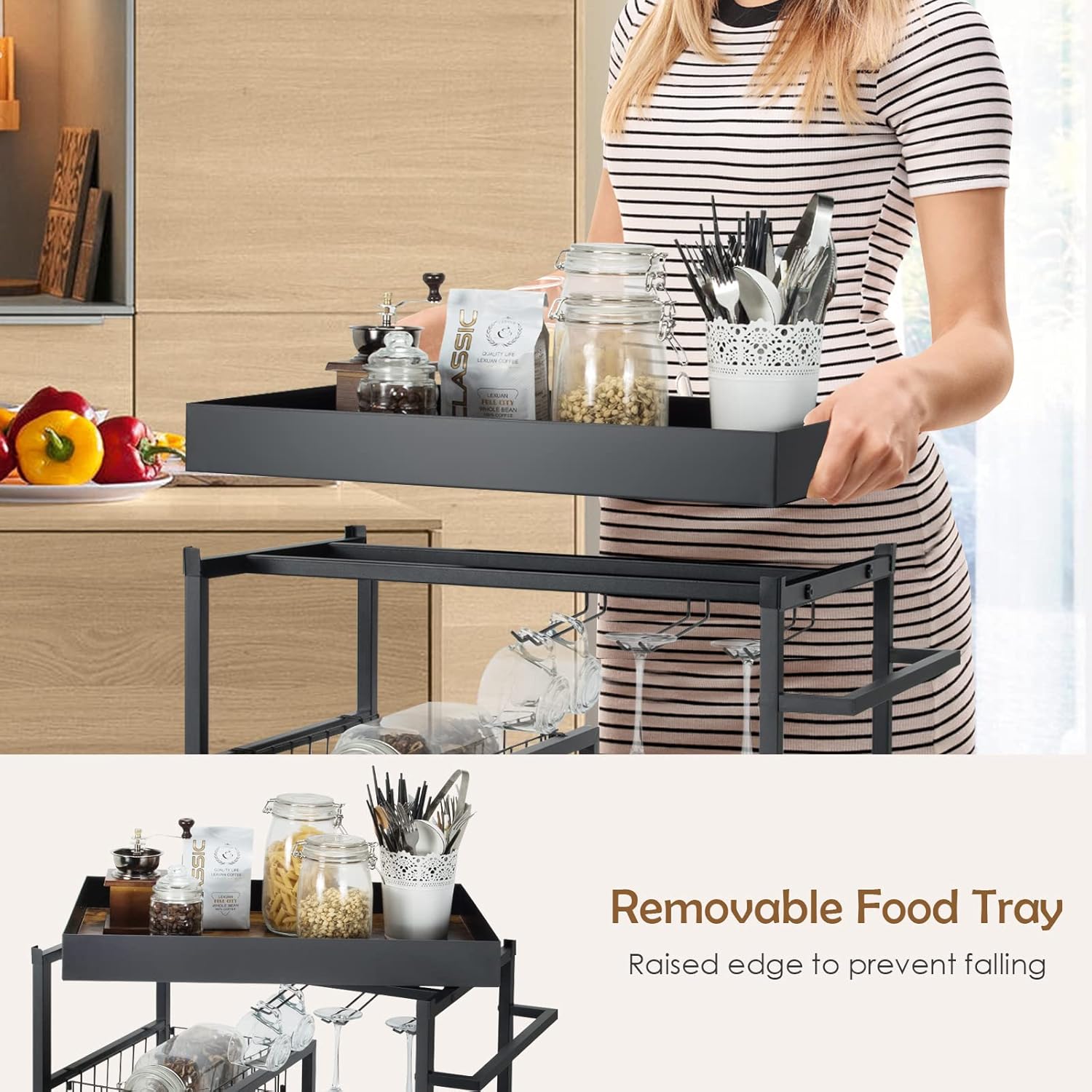 Giantex Carrito de isla de cocina con ruedas, carrito de servicio de bar móvil, con bandeja superior extraíble, estante para vino, soporte para