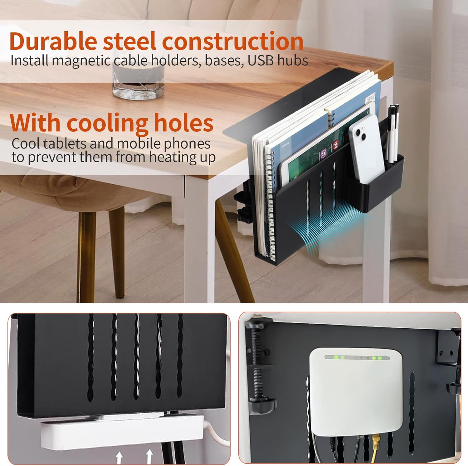 MILEGI Almacenamiento lateral de escritorio, soporte vertical para laptop debajo del escritorio, organizador de escritorio colgante sin taladros,