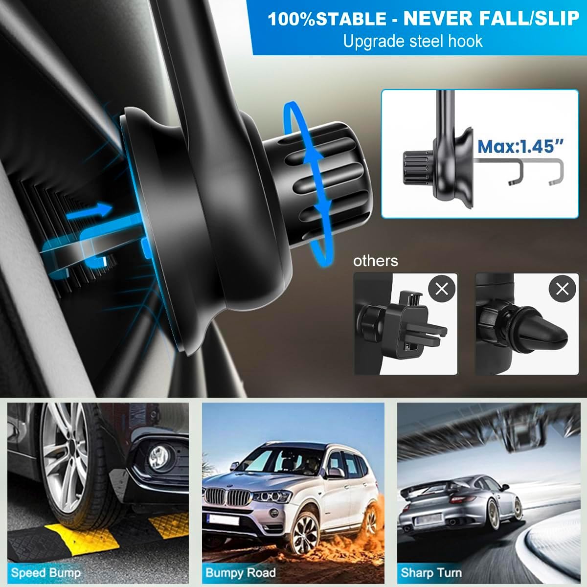 Soporte para teléfono de automóvil para montaje de enchufe, soporte de teléfono de ventilación de aire para agarre pop nunca bloqueo Soporte de
