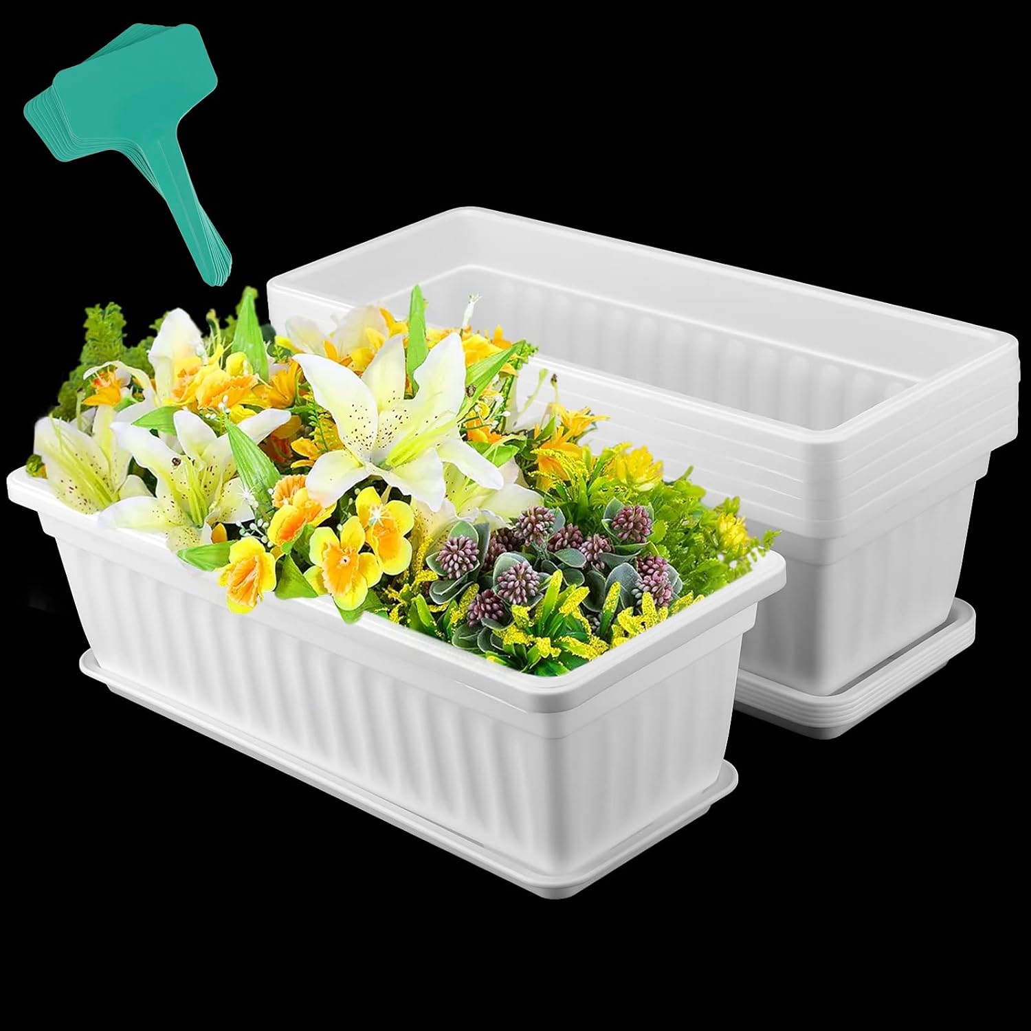 KEILEOHO Paquete de 6 macetas de plástico de 17 pulgadas para ventana, maceteros rectangulares con bandejas y 30 etiquetas para plantas, macetas de