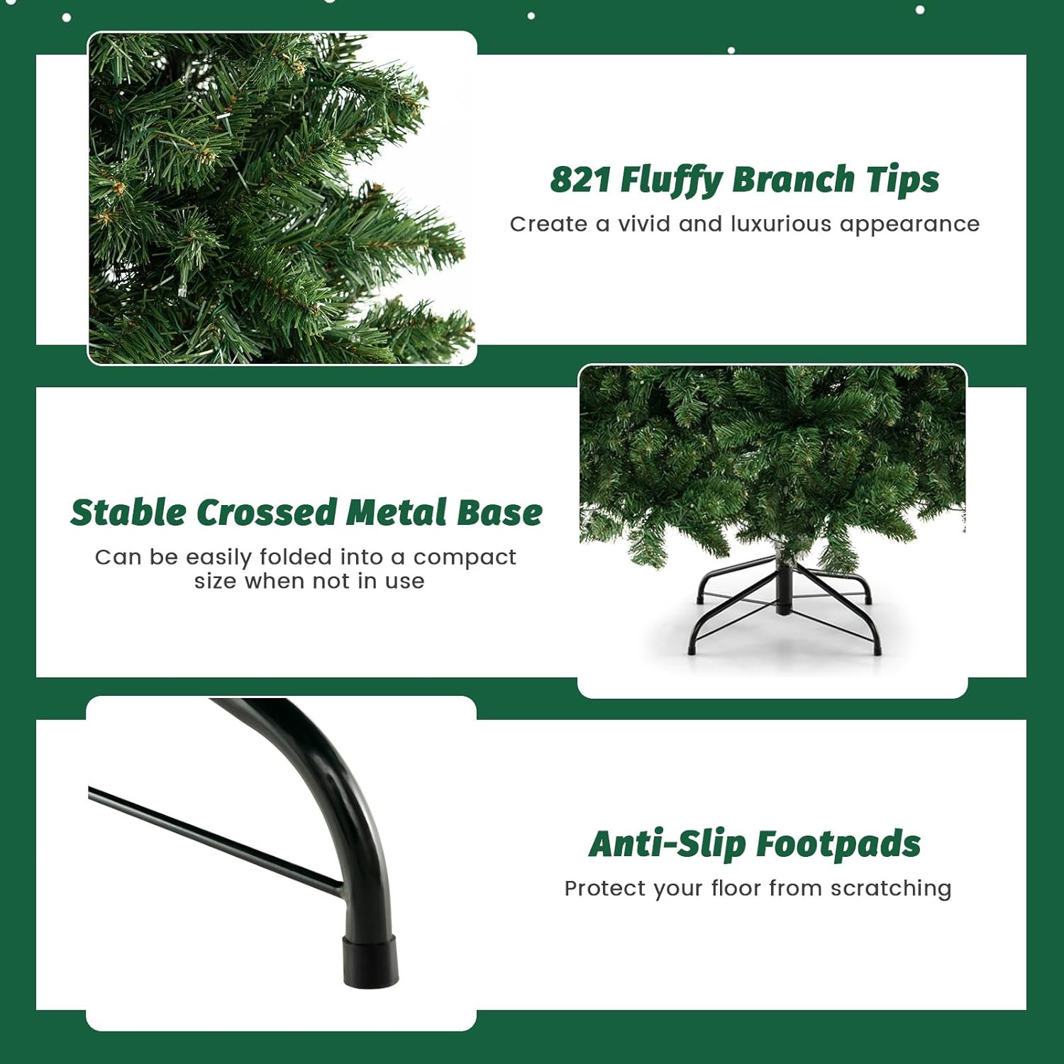 Goplus Árbol de Navidad artificial preiluminado de 6 pies, árbol de Navidad con bisagras con 821 puntas de rama, 560 luces LED blancas cálidas,