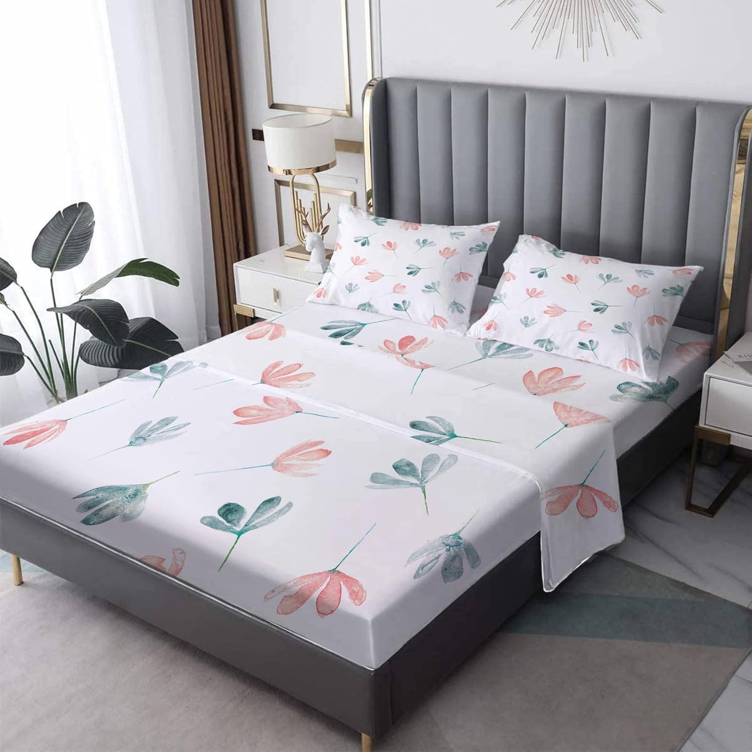 Juego de sábanas de flores tamaño Queen, sábanas botánicas florales, sábanas y fundas de almohada estampadas de 4 piezas, sábana bajera ajustable de