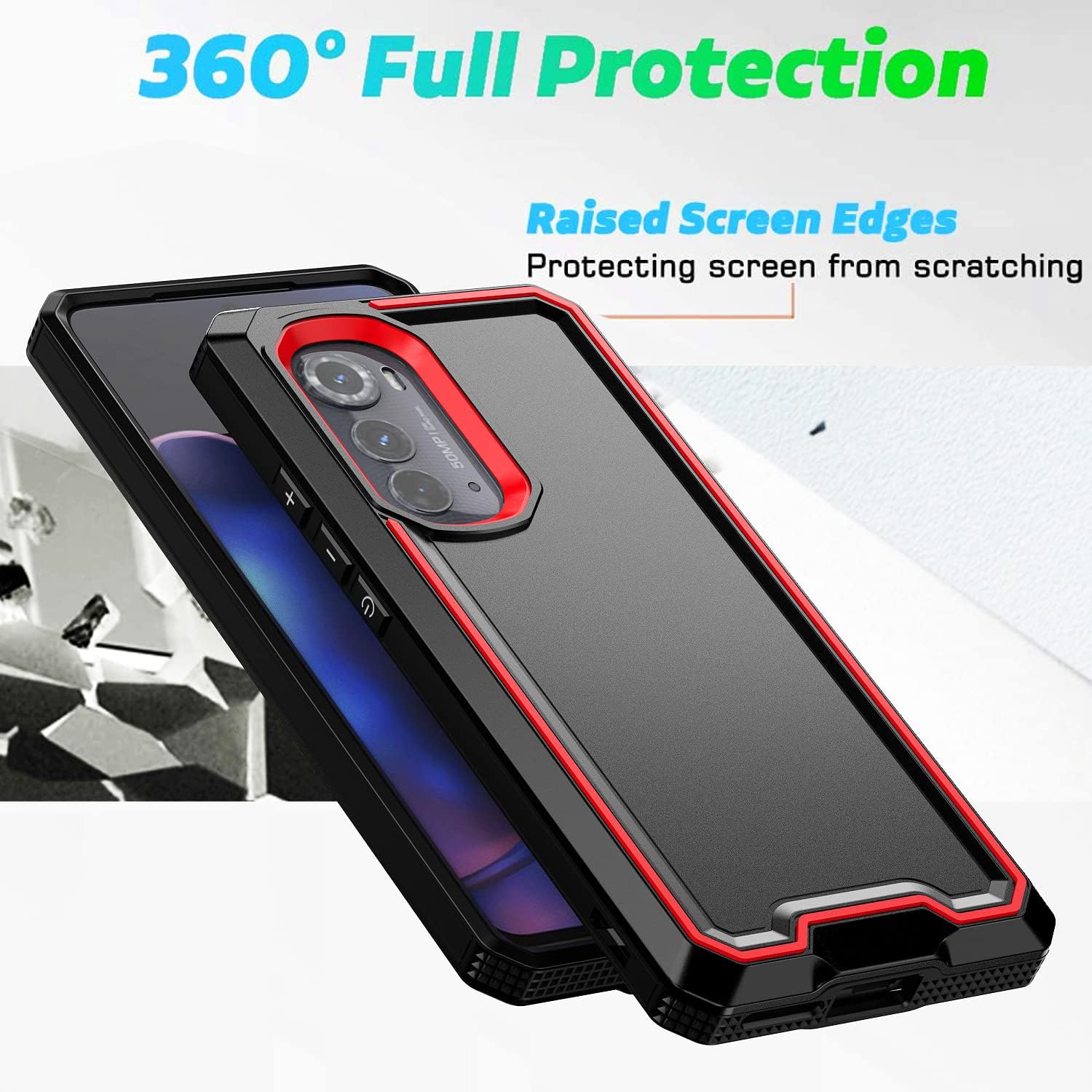 TJS Funda compatible con Motorola Moto Edge 2022, con protector de pantalla de vidrio templado doble capa a prueba de golpes, resistente, híbrida