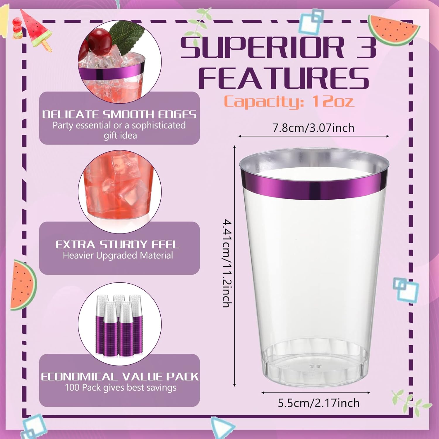 100 vasos de plástico desechables de 12 onzas, vasos de plástico transparente con borde para cumpleaños, bodas, fiestas, elegantes tazas de vino,