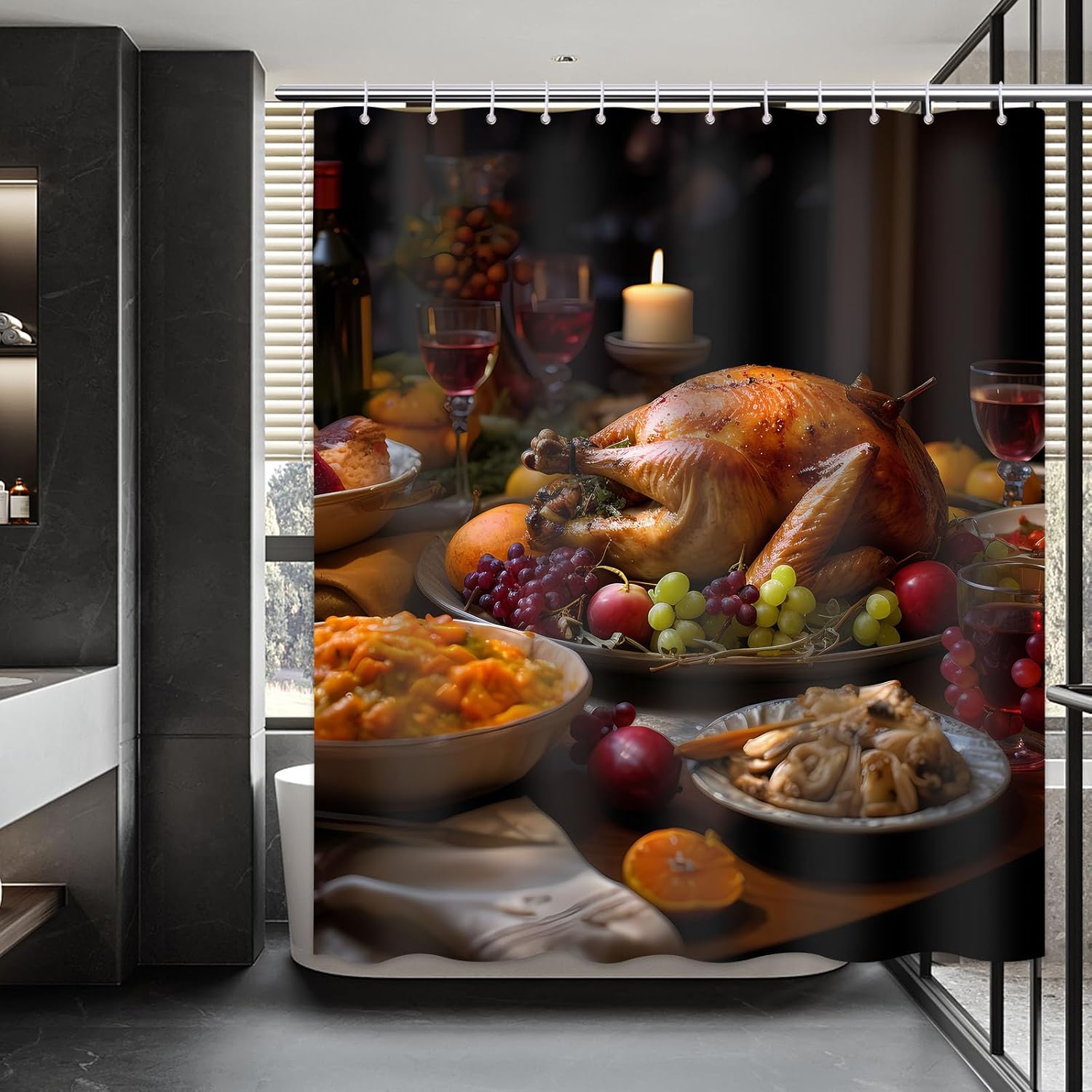 Cortina de ducha con texto en inglés “Merry Christmas” para baño, mesa de comedor, juego de cortinas de ducha de Navidad de pavo, impermeable, de
