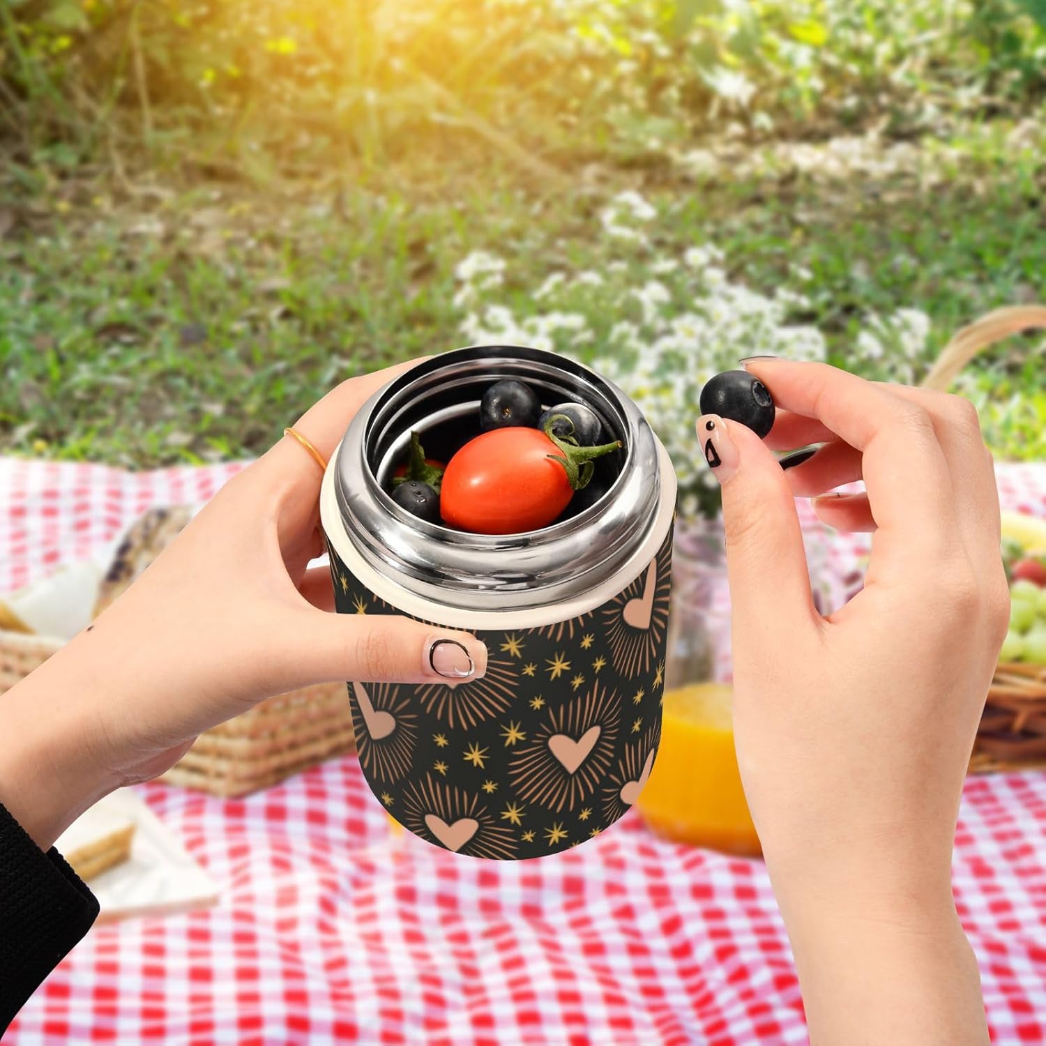 Magical Boho Sacred Heart Love Peace – Tarro aislado con cuchara para niños y mujeres, recipientes de 17 onzas  16.9 fl oz con tapas, de acero