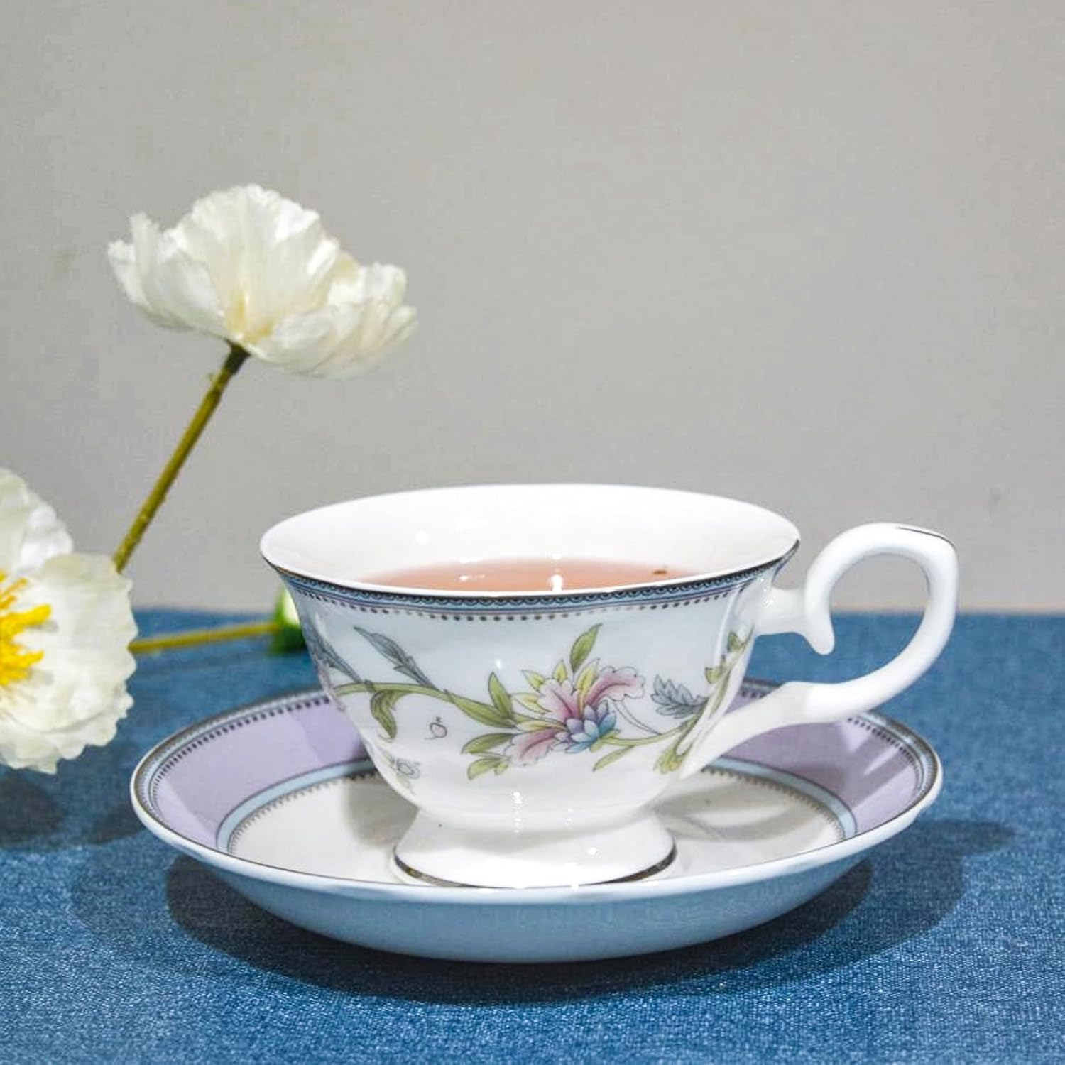 Juego de té de porcelana de hueso, juego de té de porcelana de 21 piezas para adultos, tazas de té y platillos para 6, con tetera, cucharas,