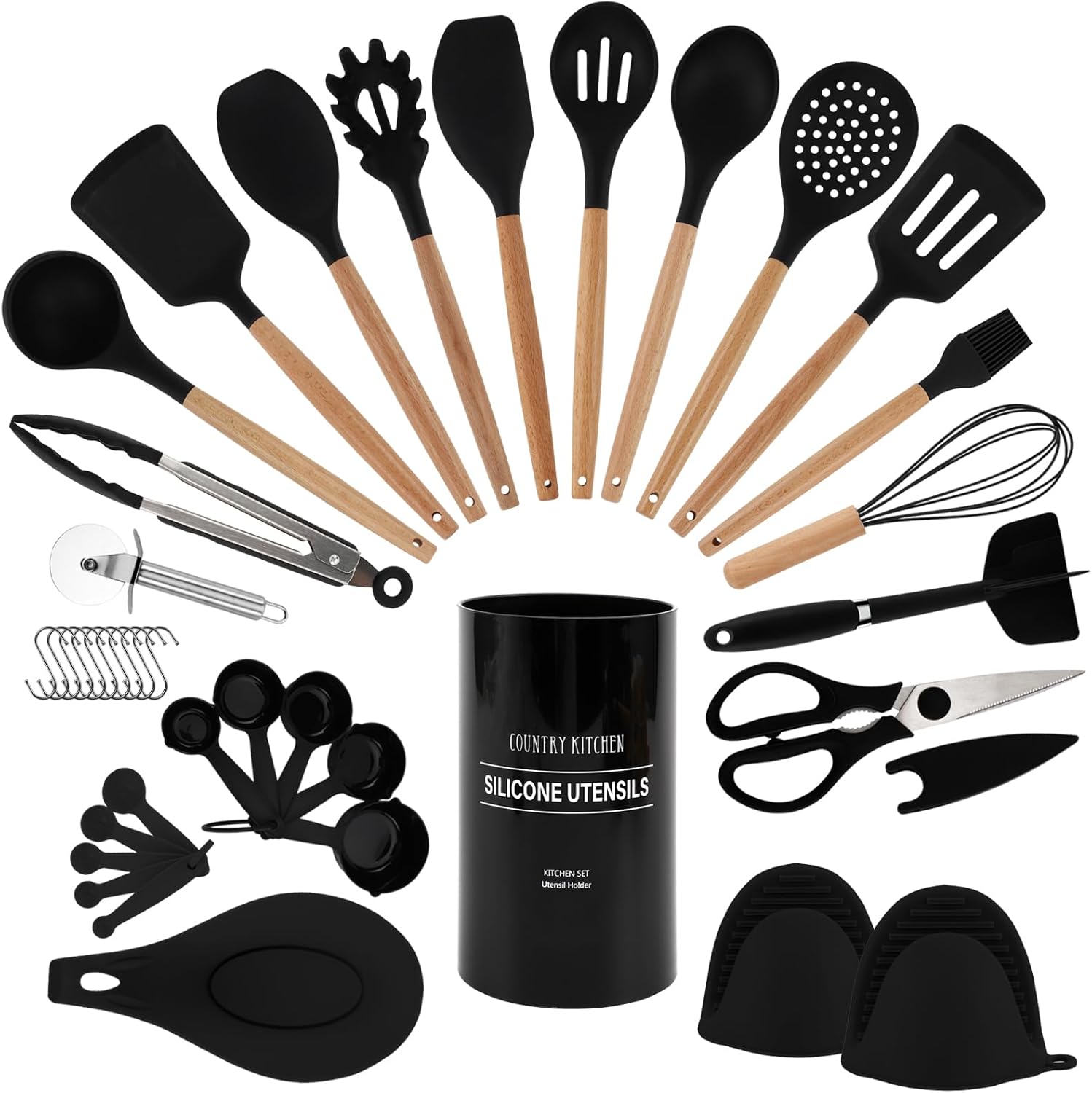 Country Kitchen Juego de utensilios de cocina  Juego de 38 espátulas de silicona antiadherentes con soporte, asas de madera y utensilios resistentes