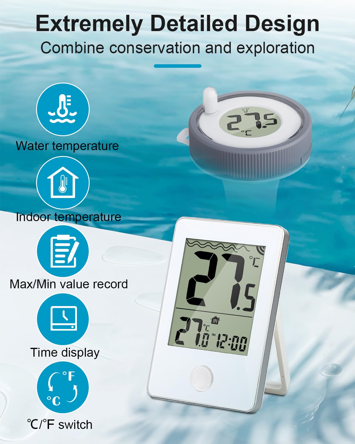 Termómetro digital para piscina al aire libreinterior, inalámbrico, flotante, fácil lectura, IP67, impermeable, con monitor de temperatura para