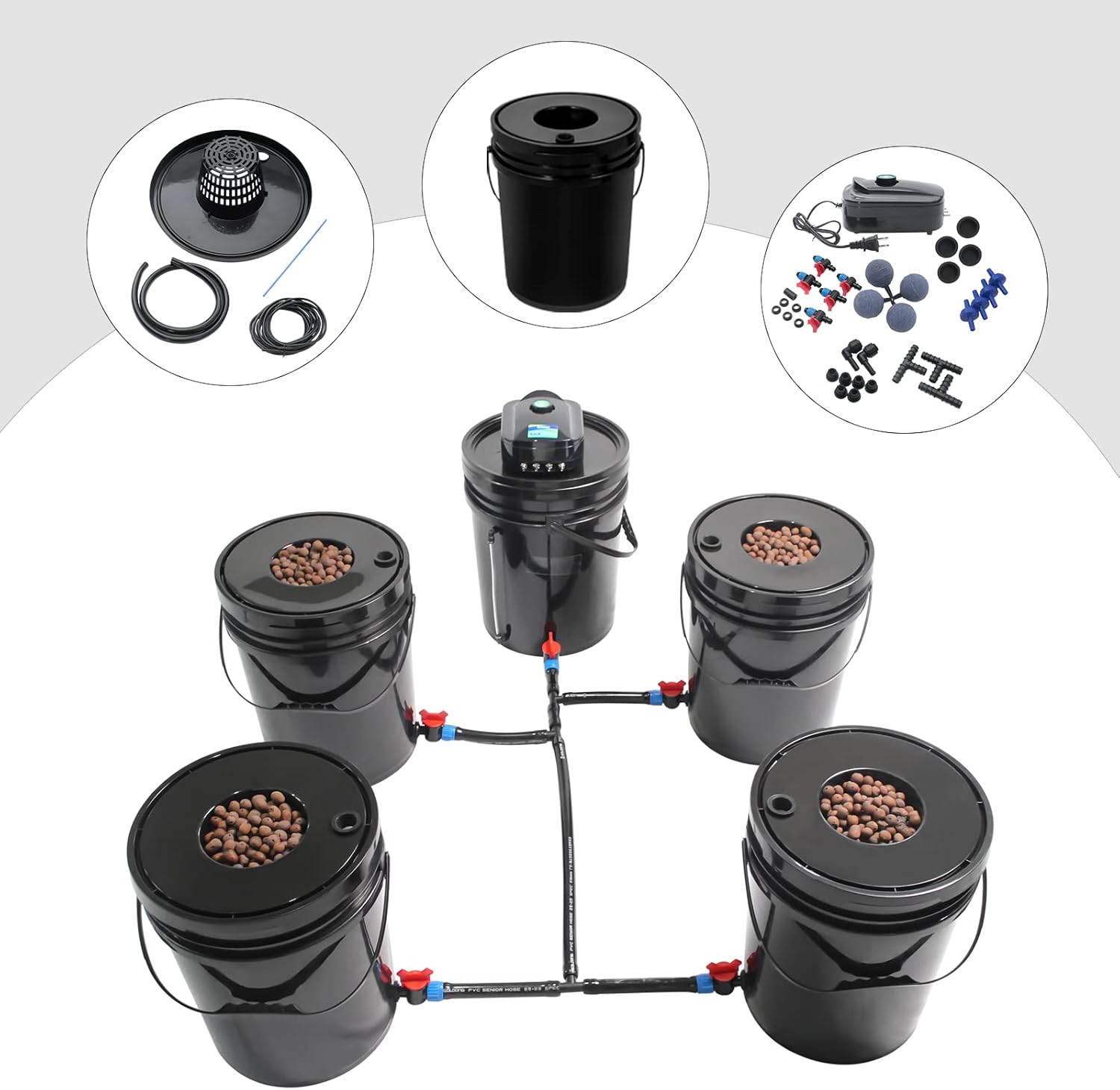 DWC Hydroponic System 5 Kit de cubo hidropónico, sistema de cultivo hidropónico DWC, cultivo de agua profunda de 5 galones con bomba de aire de 12 W