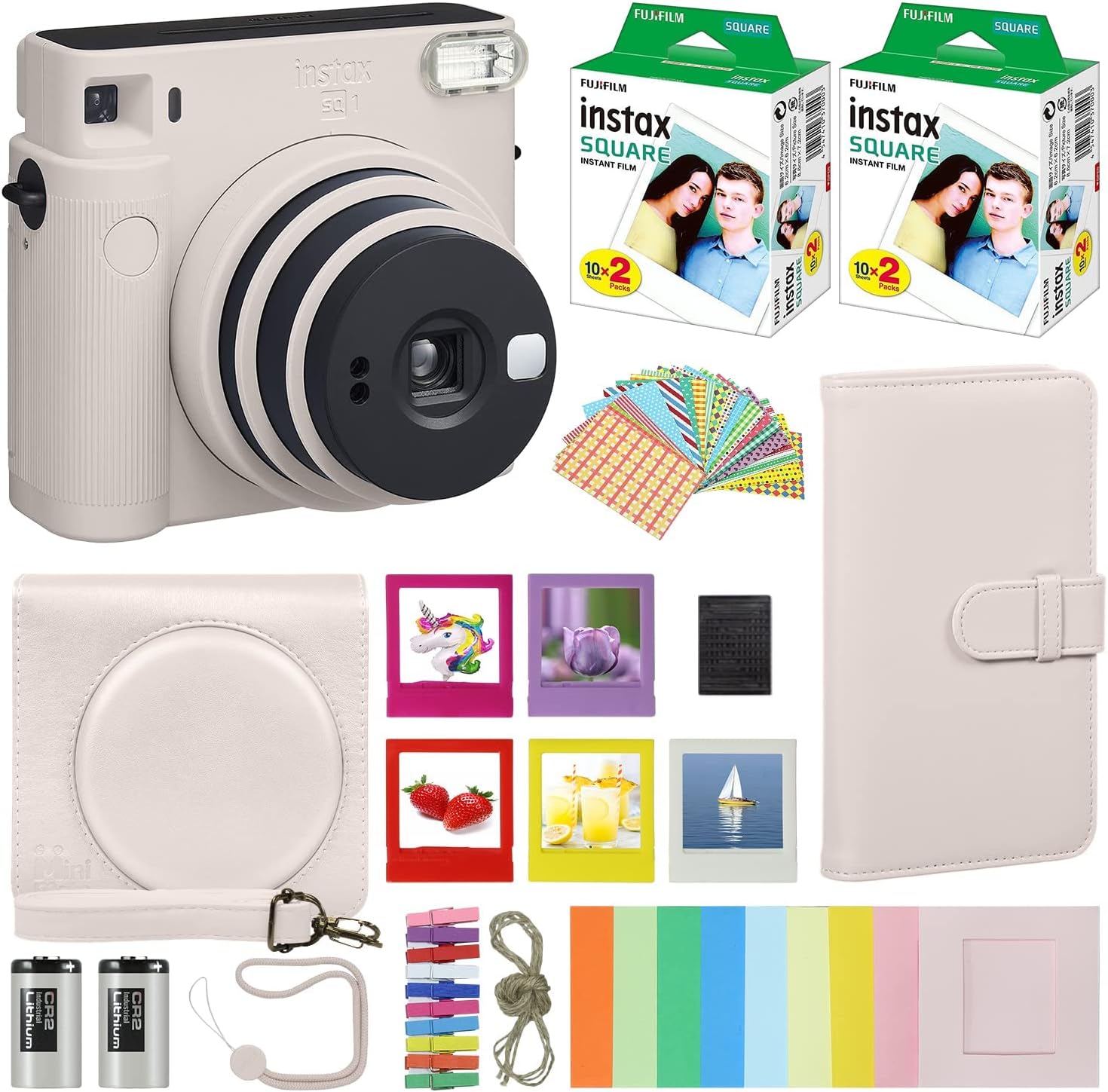Fujifilm Instax Square SQ1 – Cámara instantánea blanca con estuche de transporte + película Fuji Instax (40 hojas), paquete de accesorios, álbum de