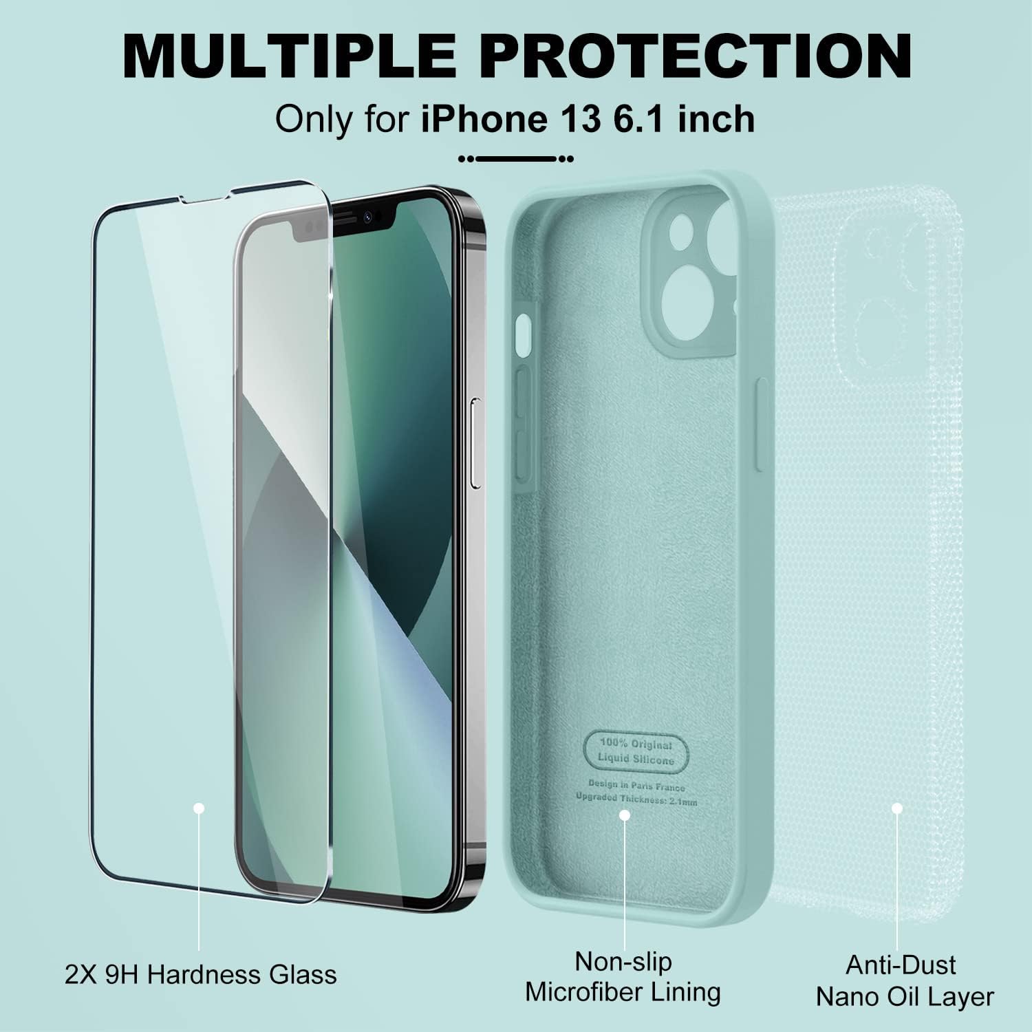 BossKiss Funda compatible con iPhone 13, silicona líquida de alta calidad tacto aterciopelado 2 protectores de pantalla de vidrio templado 9H,