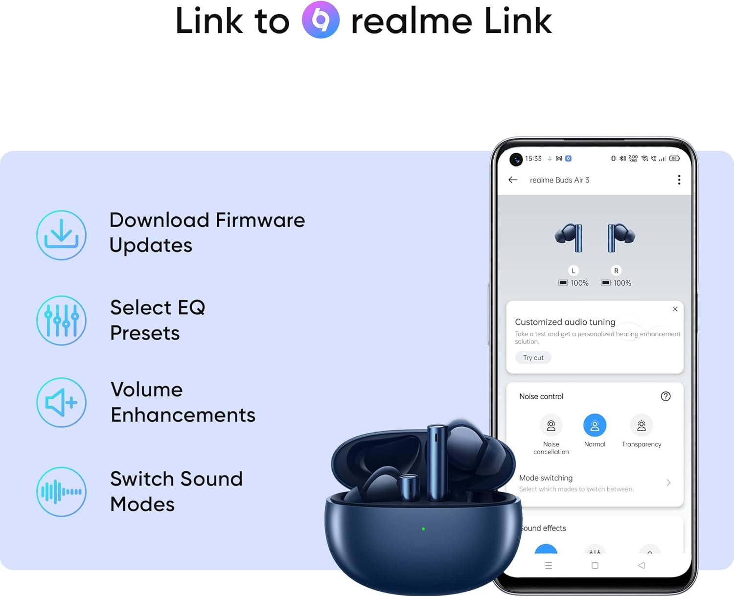 realme Buds Air 3 – Auriculares inalámbricos, cancelación activa de ruido, controlador dinámico de graves de 0.394 pulgadas, hasta 30 horas de