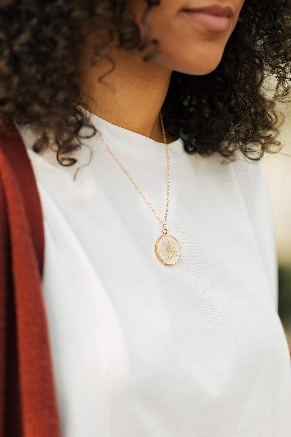 Olive Bella Handmade Pressed White Flower Necklace for Women Queen Anne’s Lace 14k Gold Filled Chain 18 inches
