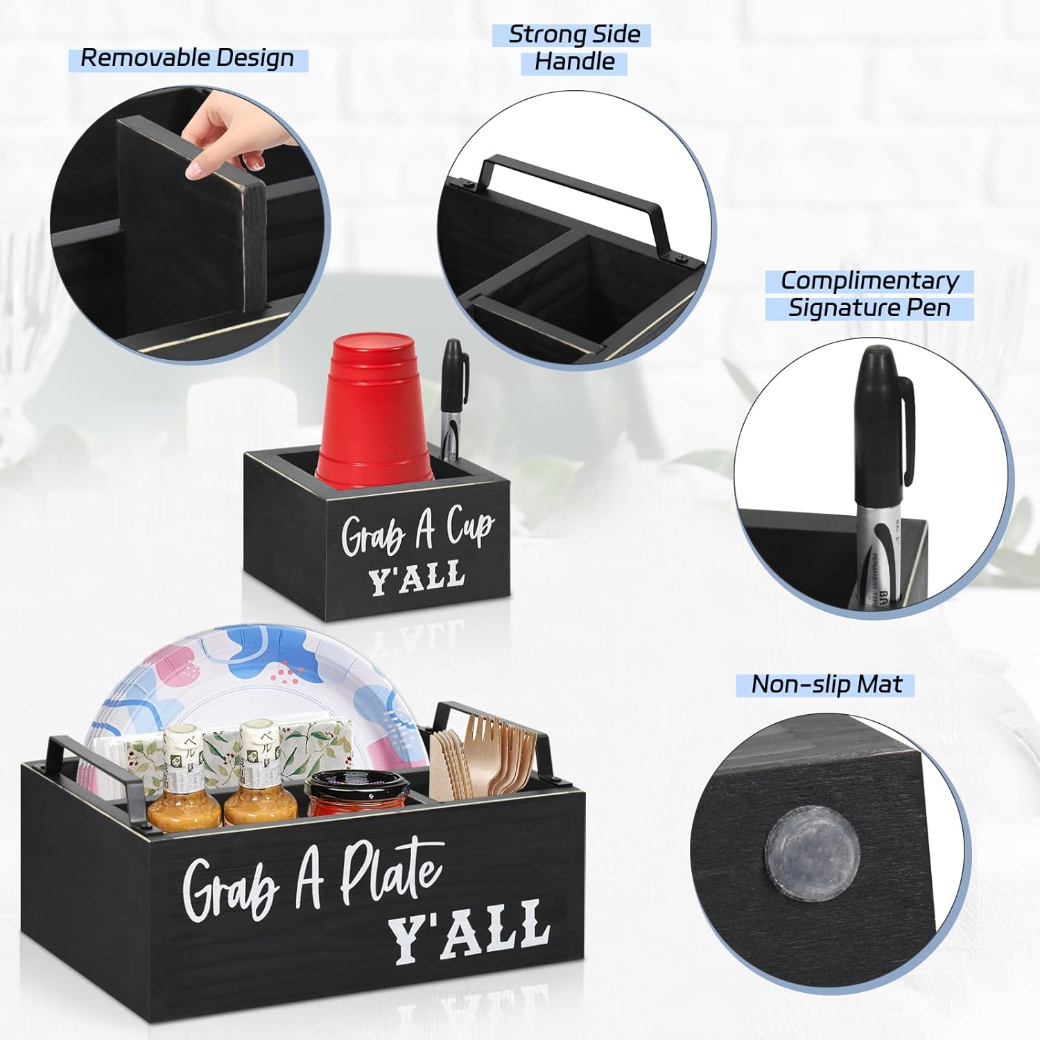 Soportes de papel para encimera de cocina, organizador de utensilios de madera con soporte grande para tazas, organizador de platos de papel