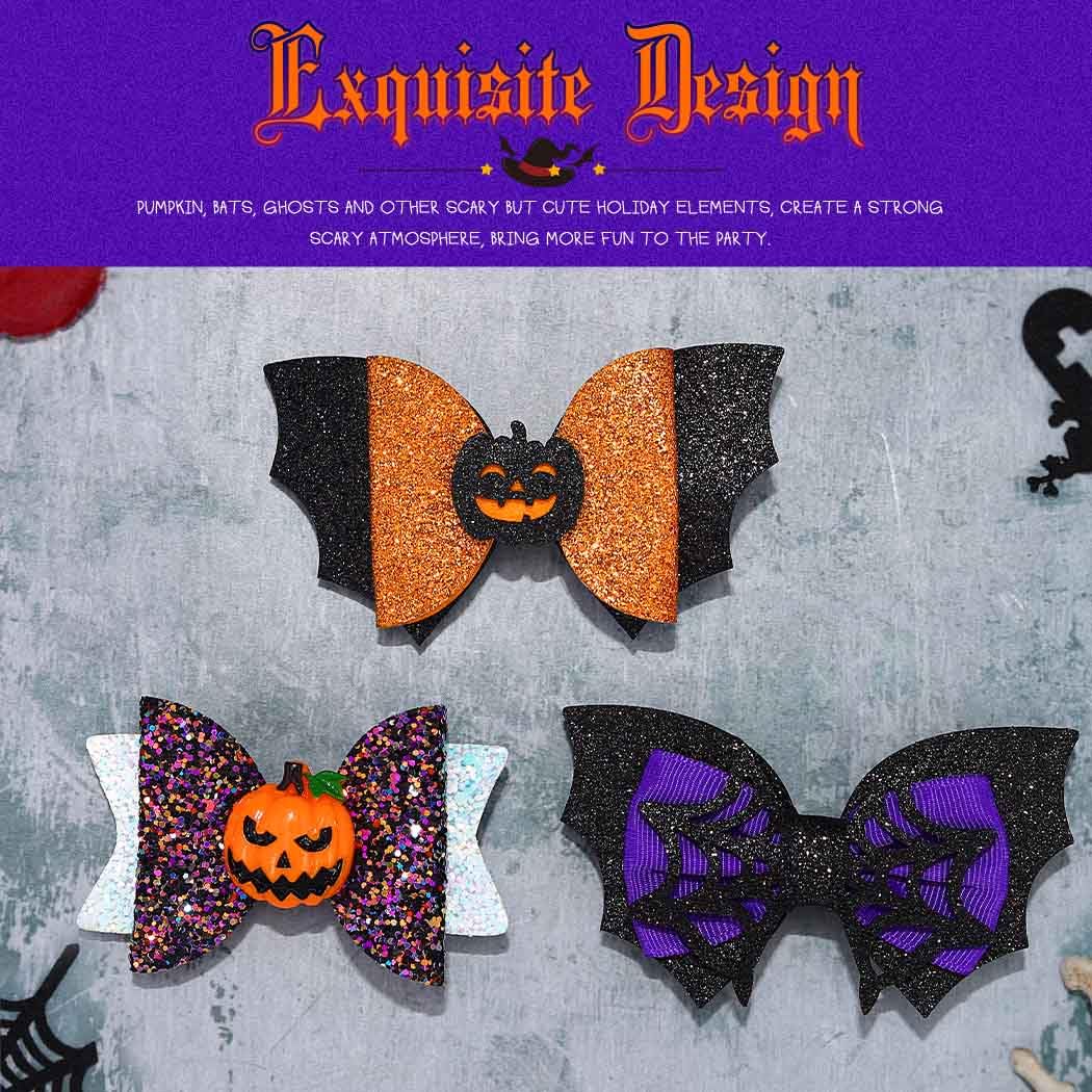 Pinzas para el cabello de Halloween, pasadores para el pelo de calabaza, alas de murciélago, pinzas para el pelo de caricaturas con purpurina, lazos
