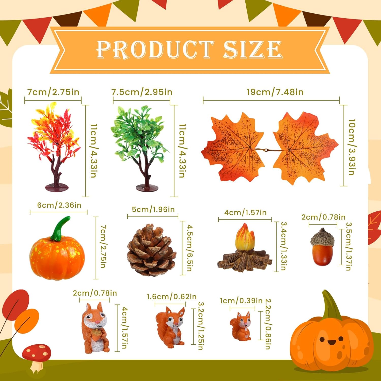 RAYNAG 25 decoraciones para tartas de Acción de Gracias, decoraciones de otoño para fiestas de cumpleaños, calabazas artificiales, hoja de arce,
