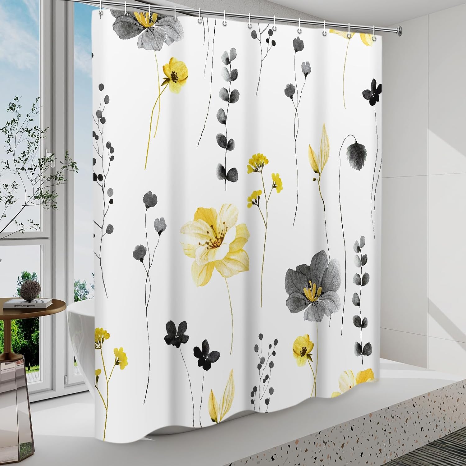 Juego de cortinas de ducha de flores de acuarela – Cortinas de ducha de plantas florales de primavera amarillo gris para baño, lavable, tela moderna
