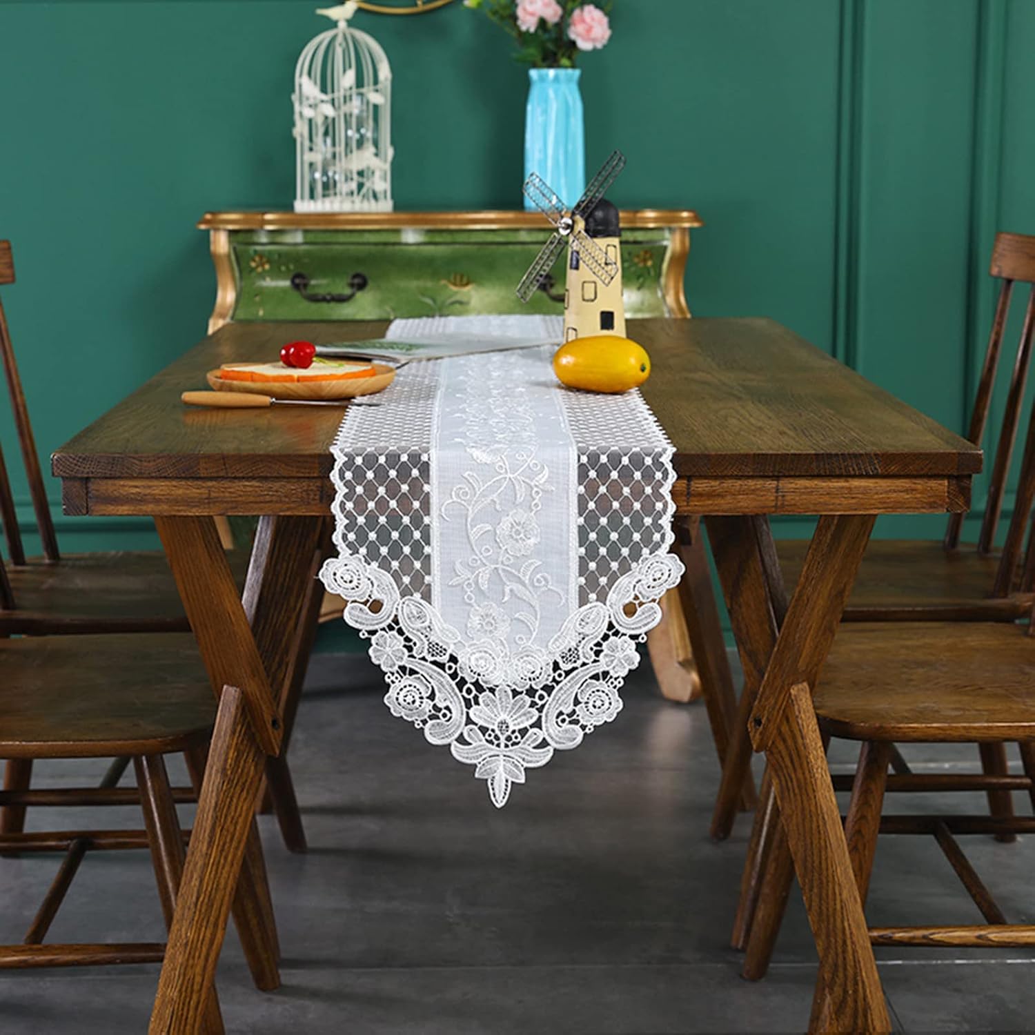 Camino de mesa de encaje blanco de 12 pulgadas por 122 pulgadas de largo, elegante mantel con exquisita flor para decoración de mesa rústica bohemia