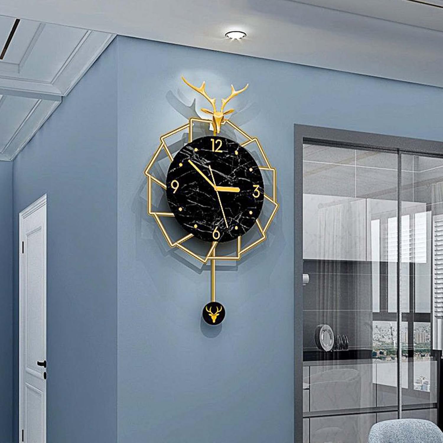 Reloj de pared moderno con decoración de péndulo, reloj de metal con cabeza de ciervo a pilas, reloj silencioso decoración de pared para sala de