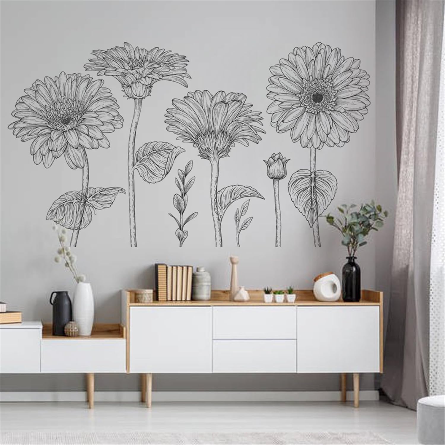 Calcomanías de pared de flores grandes para despegar y pegar, calcomanías de margaritas blancas y negras, calcomanías de pared florales para