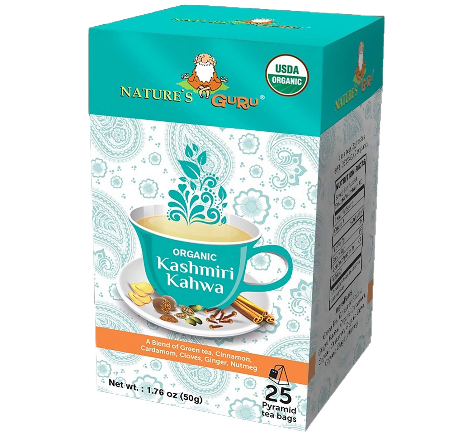 Nature’s Guru Bolsas de té pirámide orgánicas de hoja entera, Kahwa Kashmiri, 25 unidades
