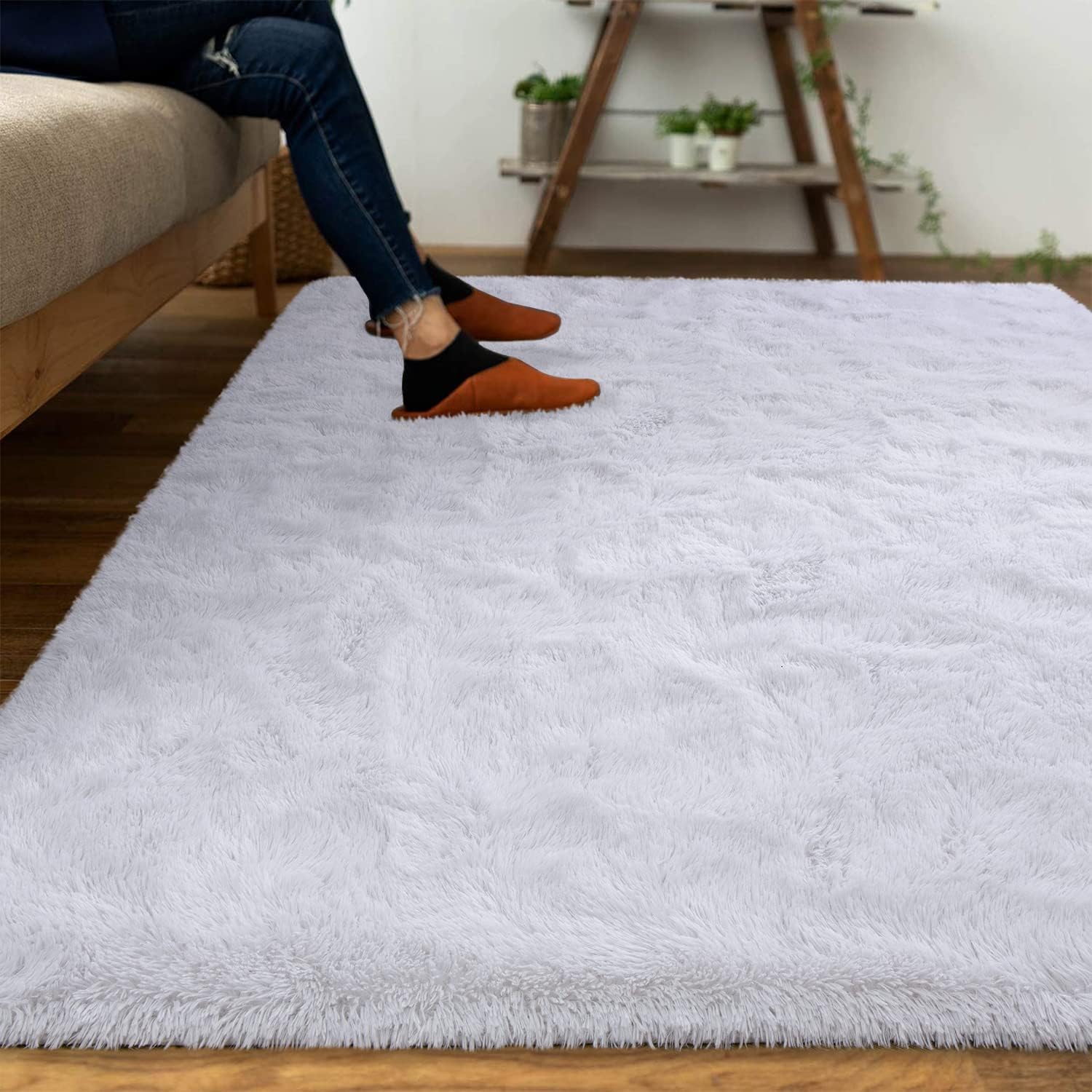 DweIke – Alfombra mullida y esponjosa de felpa blanca de 8 x 10 pies, para sala de estar, dormitorio, alfombras suaves para habitación de niños y