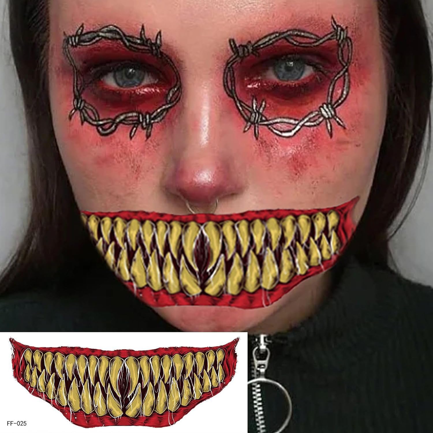 Calcomanías temporales de tatuajes para Halloween, 10 hojas de tatuajes de cara de Halloween, boca de broma, tatuajes de maquillaje, calcomanías de