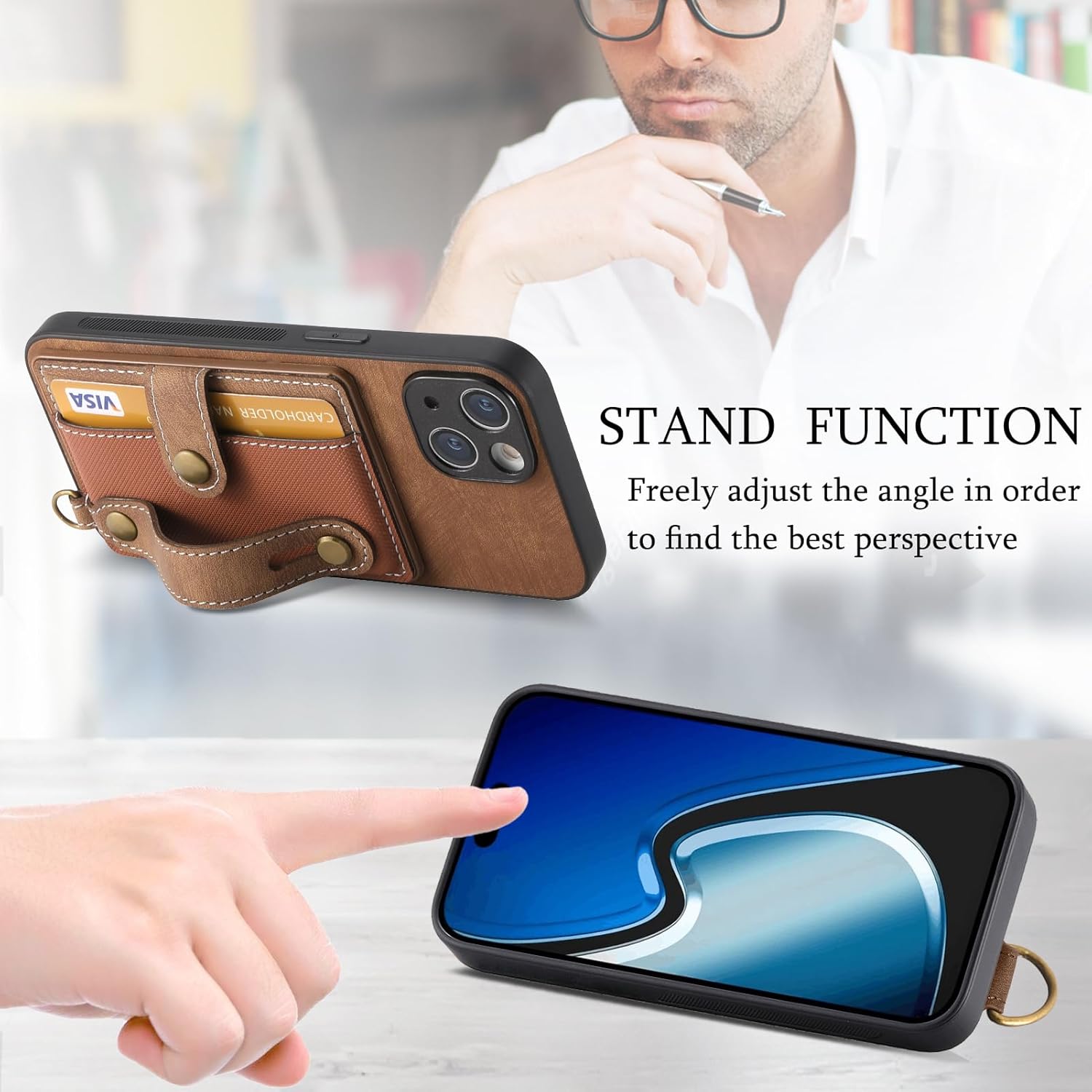 Asuwish Funda de teléfono para iPhone 15 de 6.1 pulgadas con protector de pantalla de vidrio templado y correa de muñeca, soporte delgado para