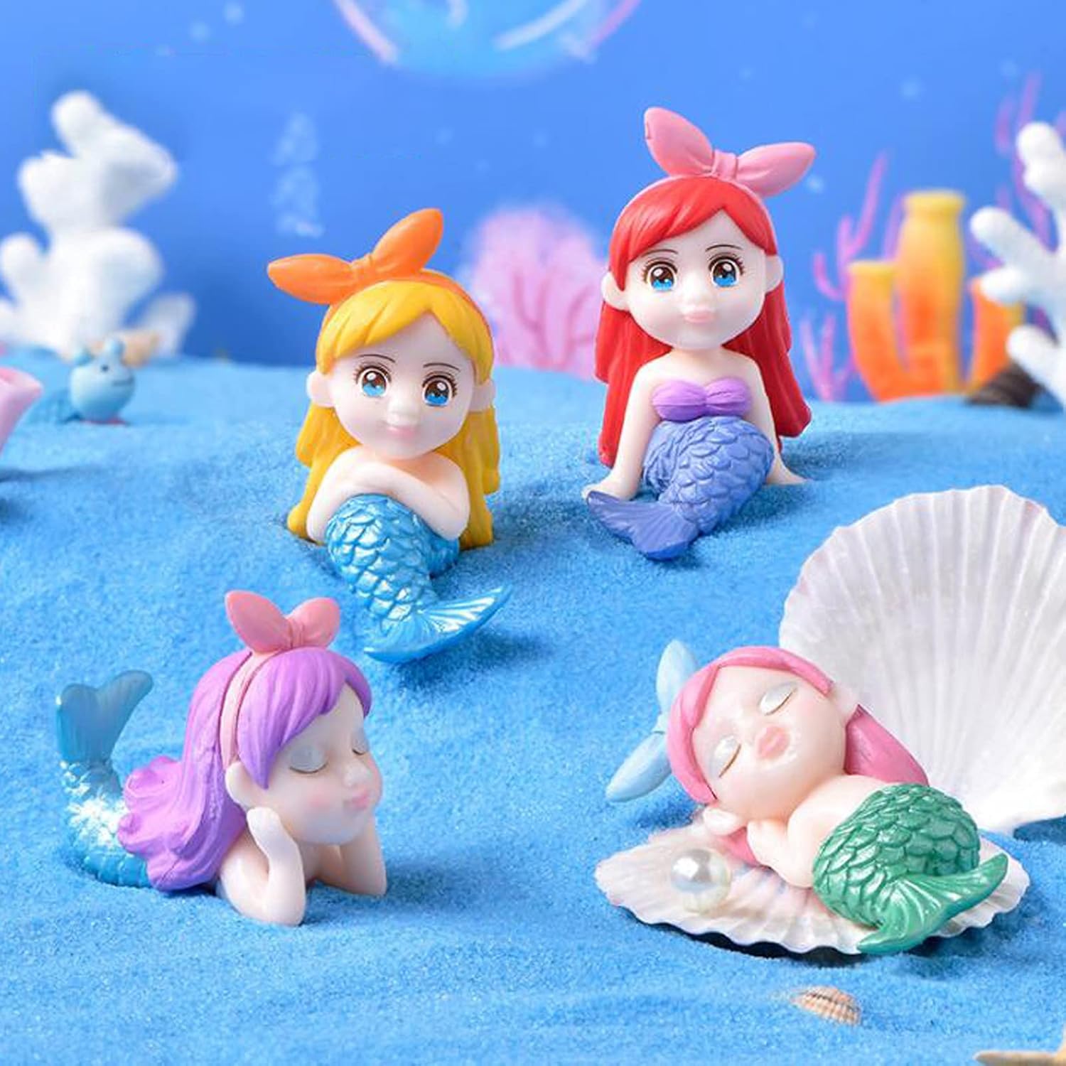Figuras de sirena en miniatura, 4 piezas de decoración de pastel de muñeca de sirena, juego de colección de figuras de sirena, jardín de hadas,