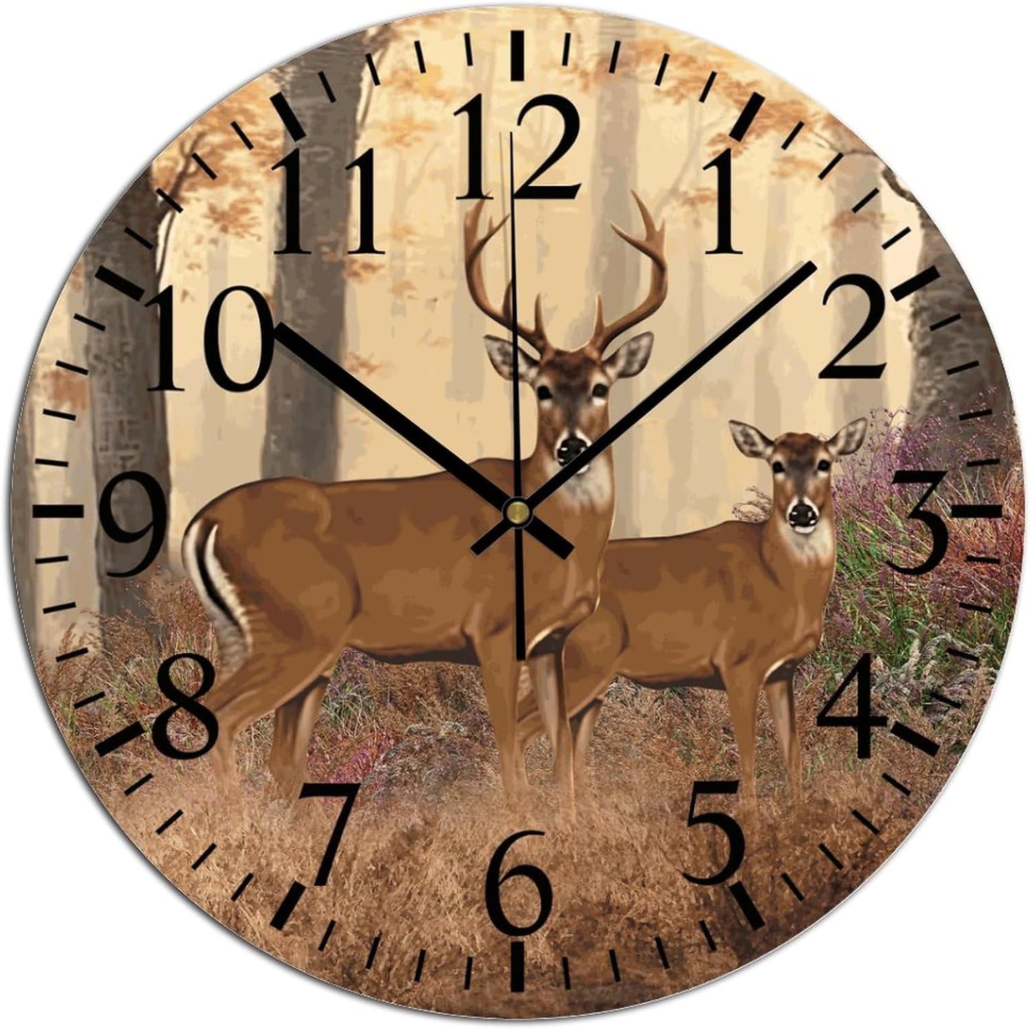Reloj de pared para baño, reloj de pared redondo de PVC con ciervo, sin tictac, 10 x 10 pulgadas, decoración de cocina, regalo decorativo, funciona