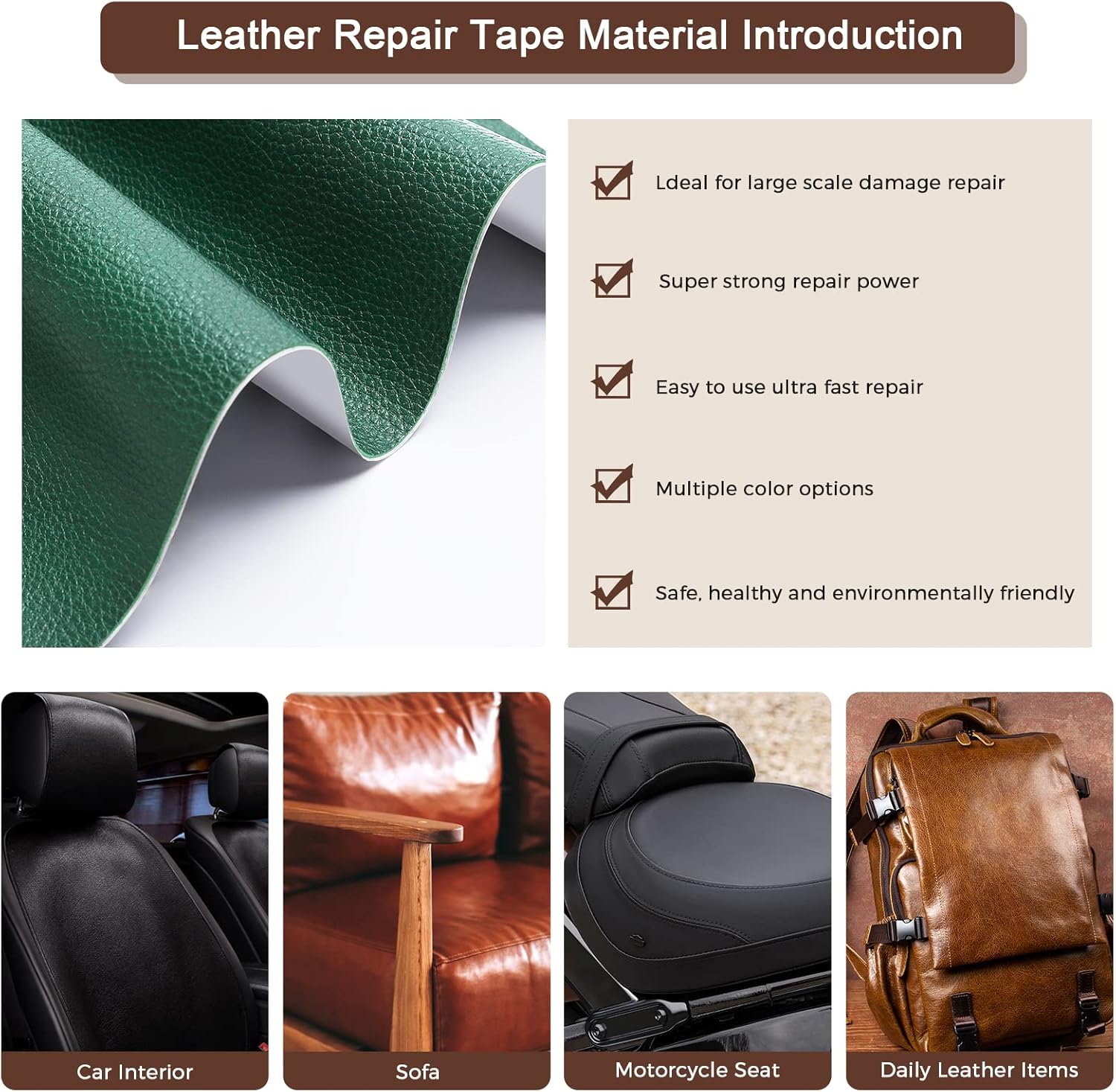 Cinta de parche de reparación de cuero para sofá, de 15 x 60 pulgadas, gran autoadhesivo, para asiento de automóvil, muebles de cuero, kit de