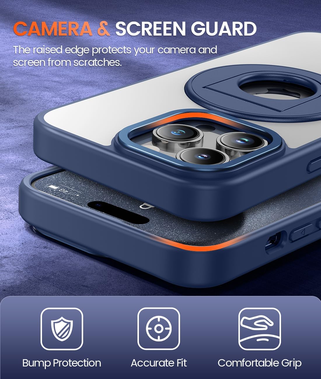 Caka Funda para iPhone 15 Pro Max con soporte, soporte magnético de anillo de 360, grado militar, a prueba de golpes, translúcido, funda trasera