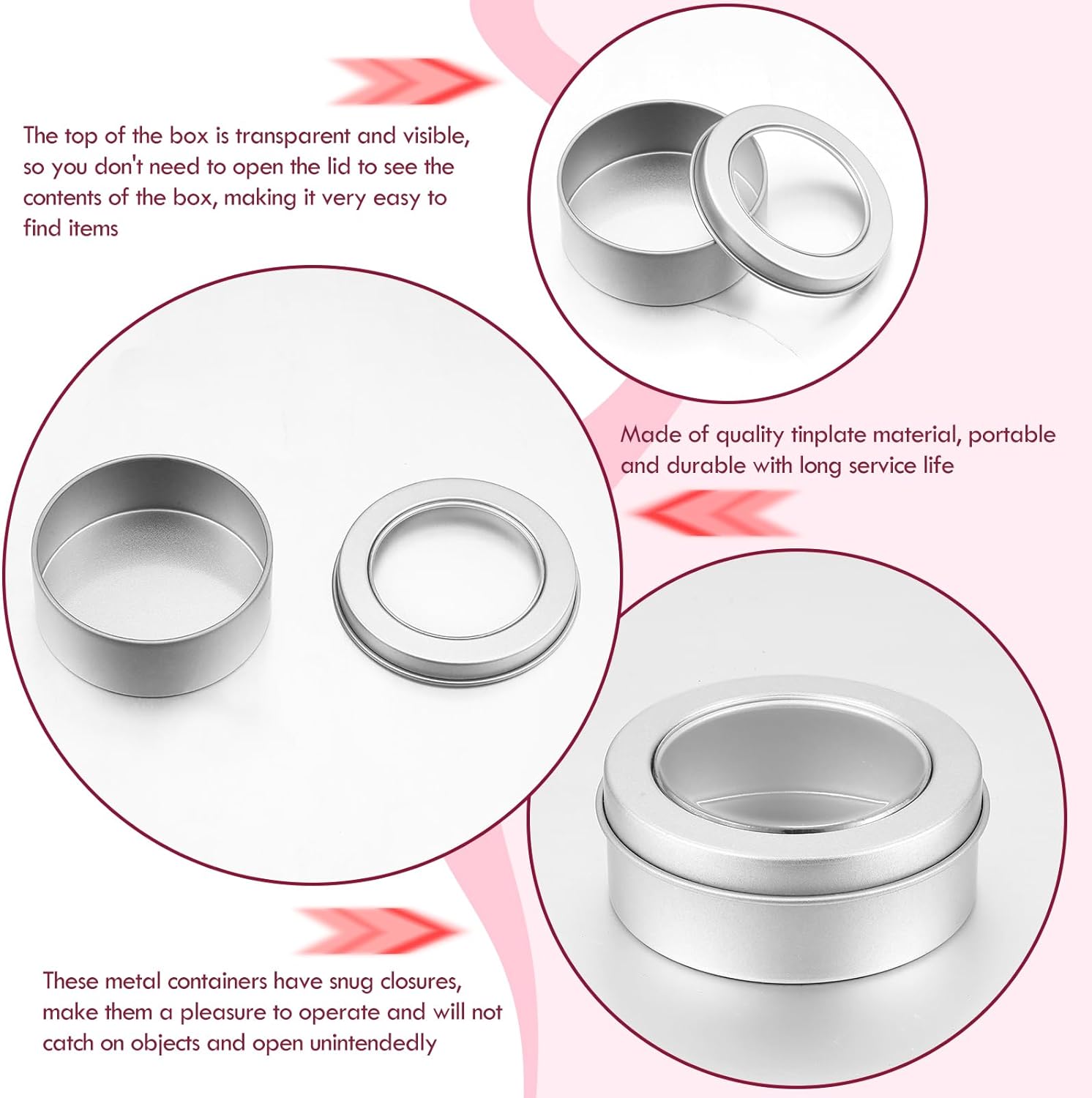 TecUnite Latas de metal de 2 onzas redondas vacías con tapa transparente para cocina, oficina, velas, dulces (paquete de 100)