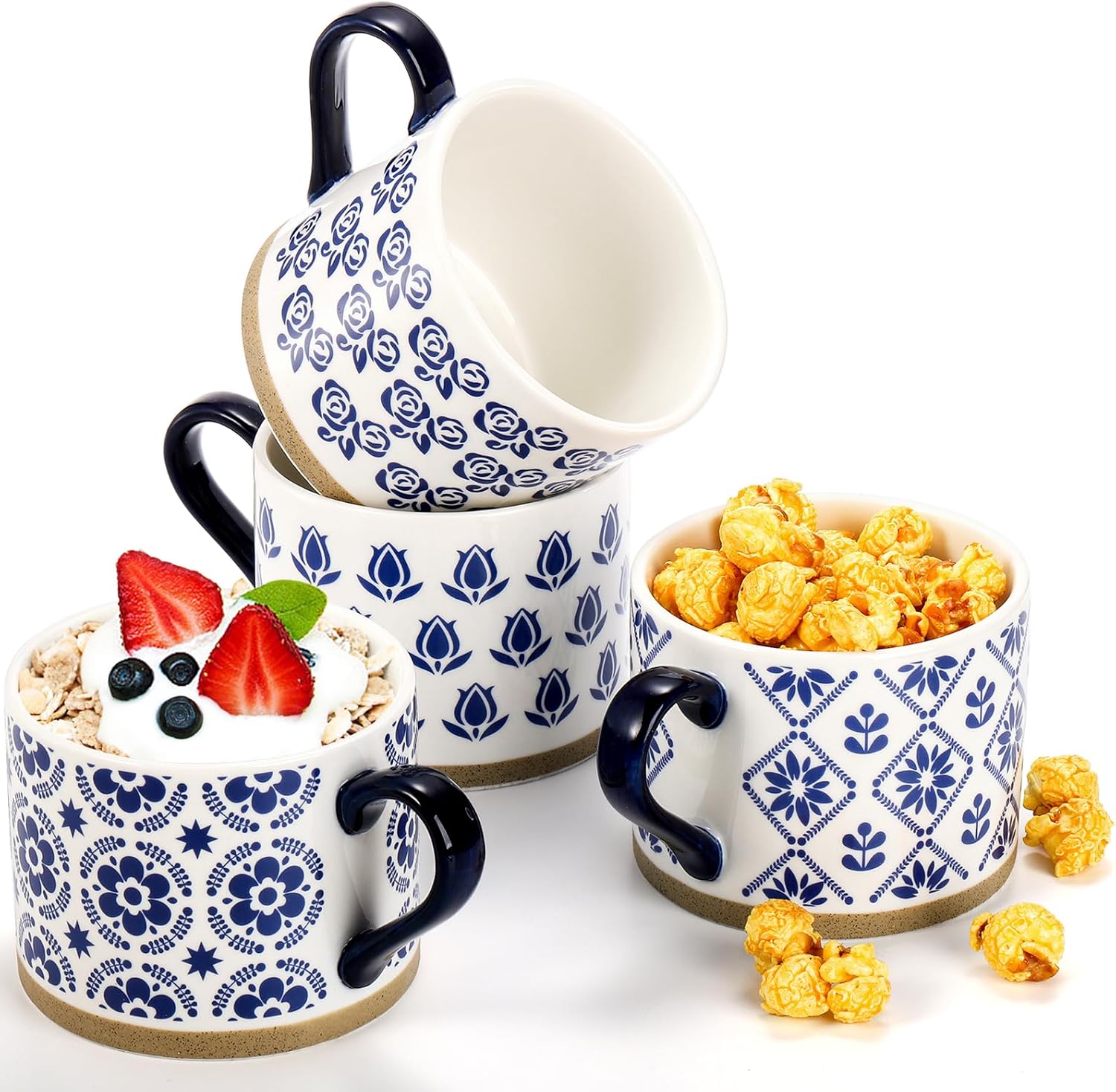 Coloch Paquete de 4 tazas de café de cerámica con asa, tazas de café azules de 14 onzas, tazas de café impresas a mano, tazas de té de cerámica para