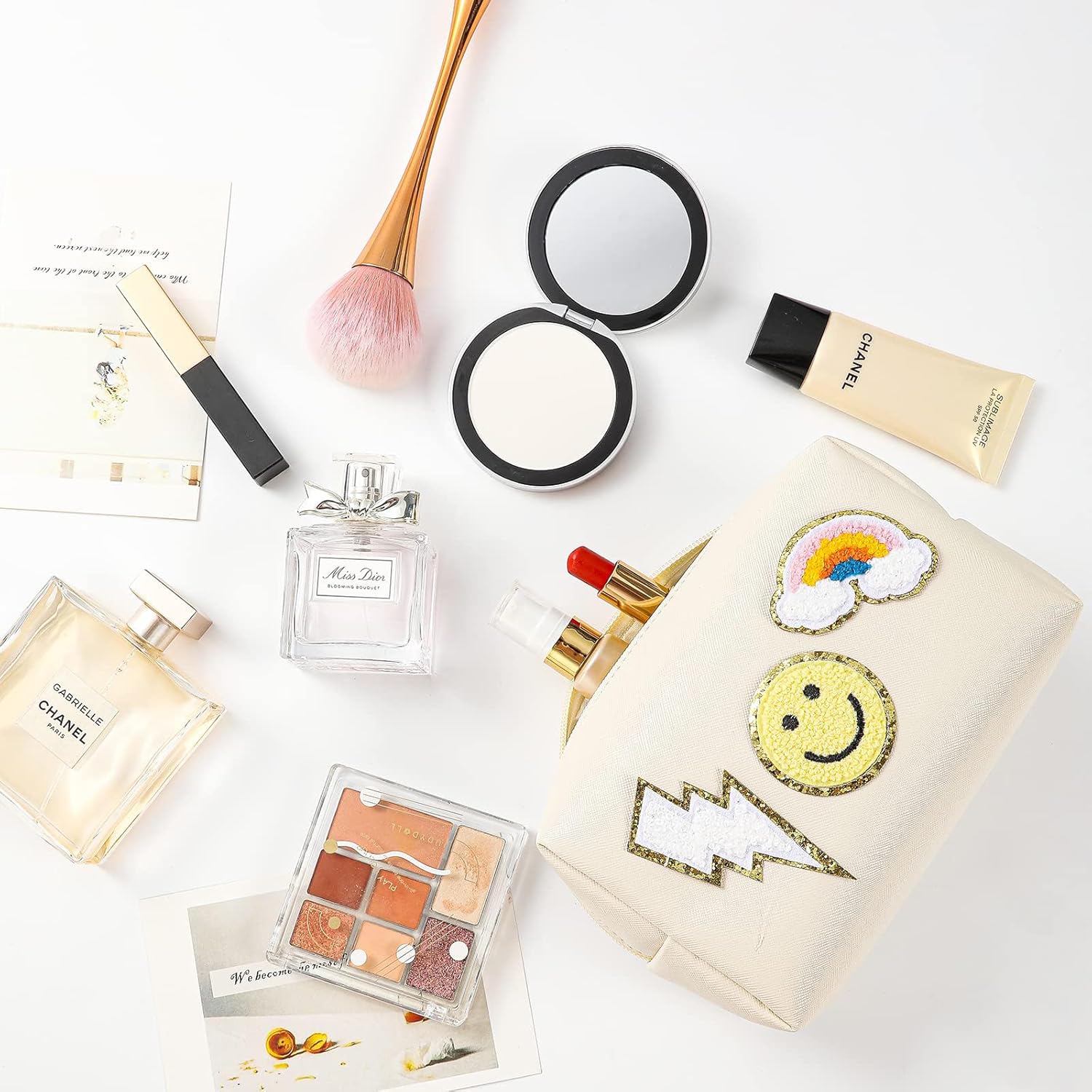 Preppy Patch – Bolsa de maquillaje de piel, bolsa de cosméticos pequeña, organizador de artículos de tocador de viaje impermeable, bolsa de aseo